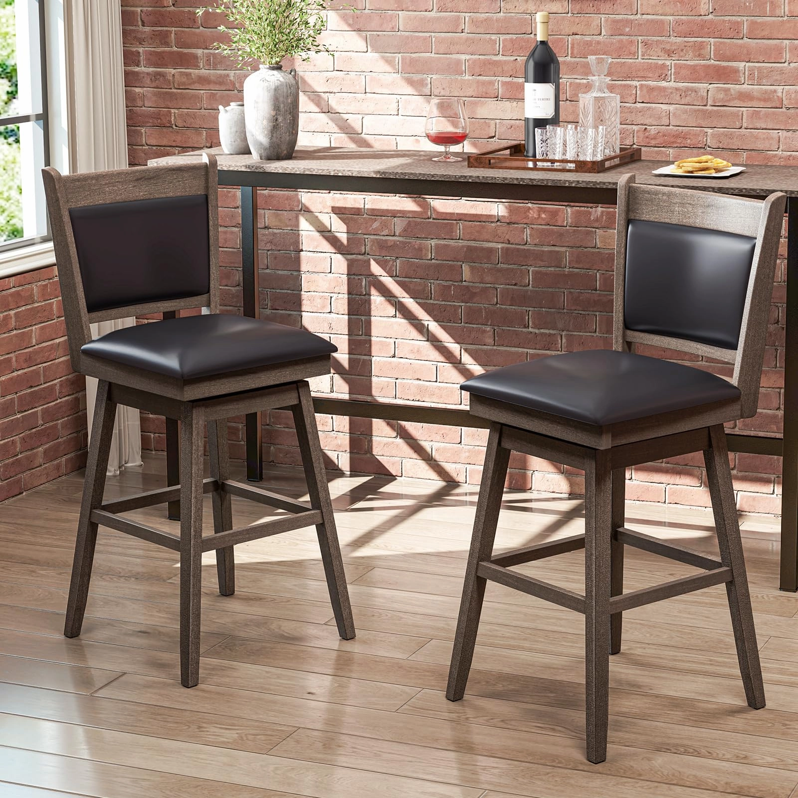 Giantex 29" Bar Stools Set, Upholstered Swivel Bar Chairs with Ergonomic Back