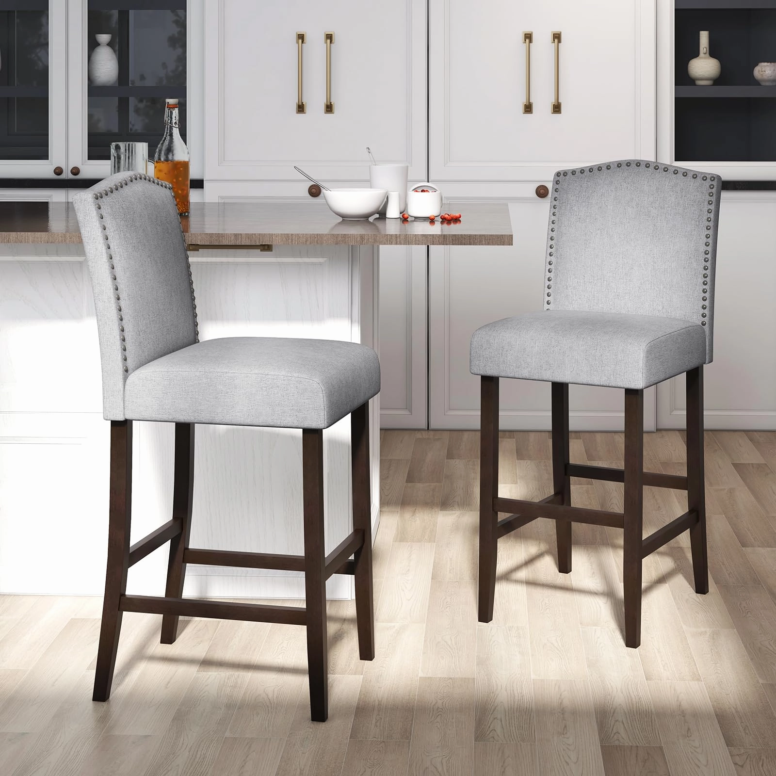 Giantex 30" Bar Stools Set of 2/4, Upholstered Bar Height Bar Chairs with Back & Rubber Wood Legs