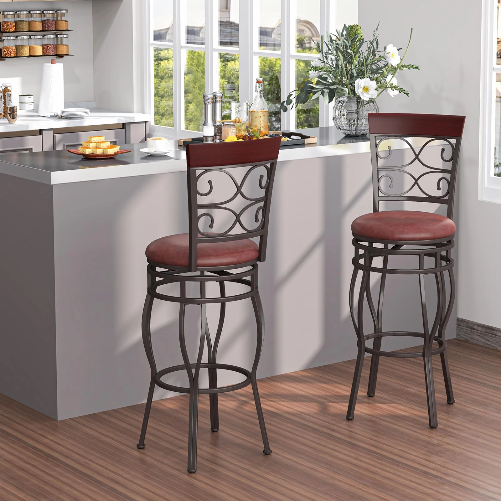 Giantex 30" Swivel Bar Stools Set of 2, Bar Height Bar Stools w/Back, Upholstered PU Leather Seat, Footrest, Rustic Brown