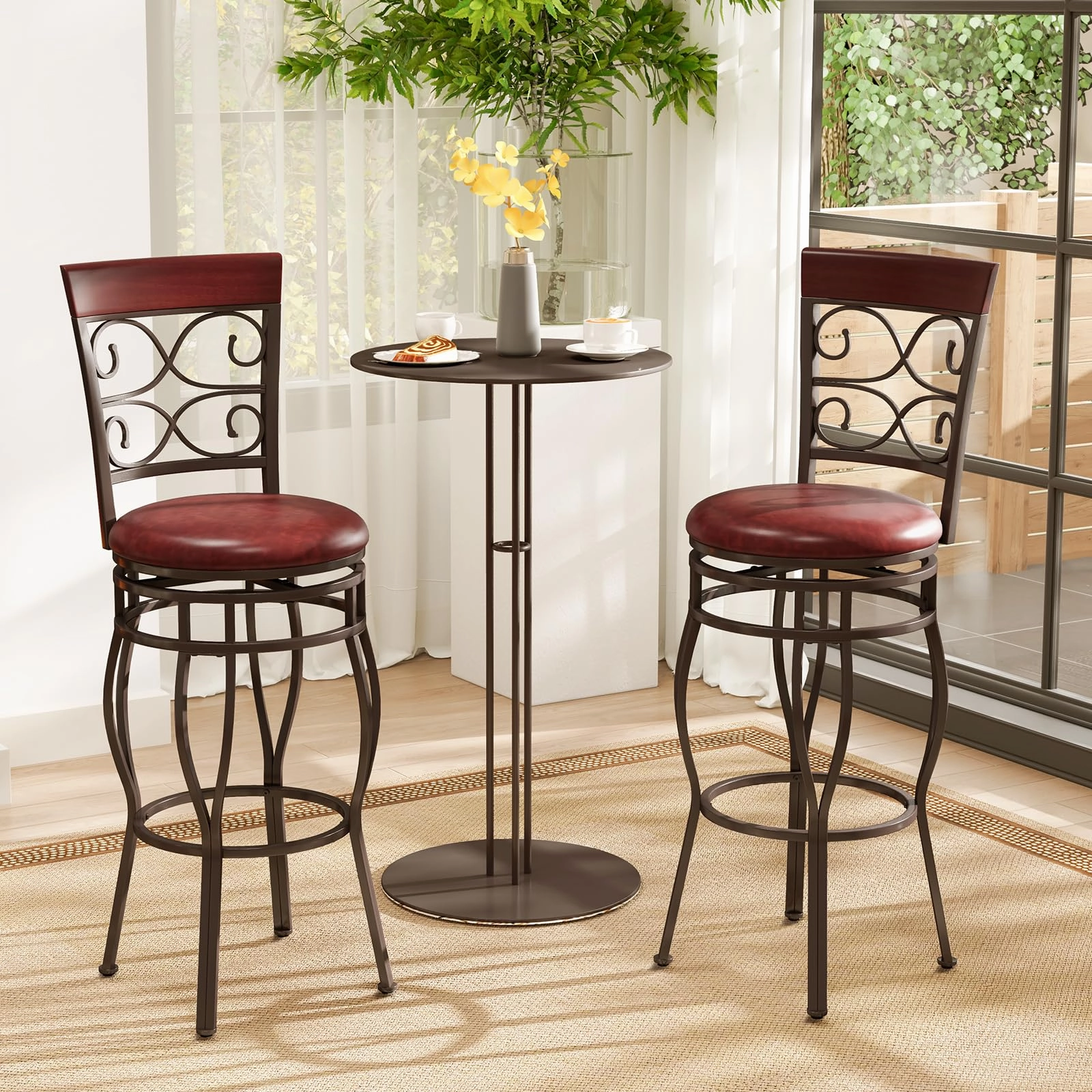 Giantex 30" Swivel Bar Stools Set of 2, Bar Height Bar Stools w/Back, Upholstered PU Leather Seat, Footrest, Rustic Brown