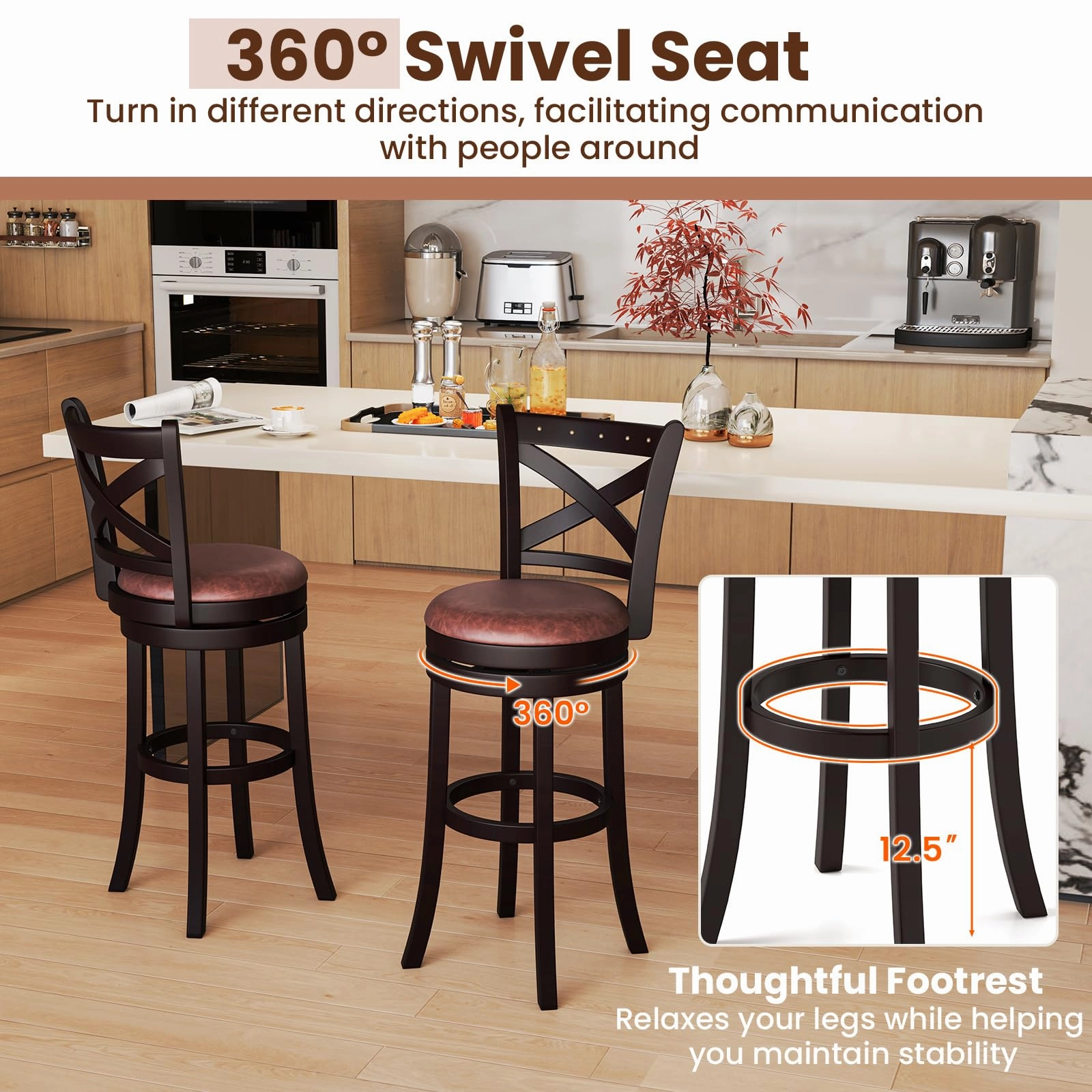 Giantex 30" Swivel Bar Stools with Footrest & Rubber Wood Frame