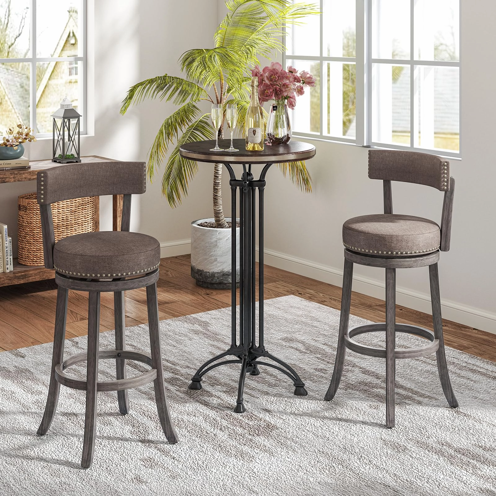 Giantex 31" Bar Stools Set, Swivel Bar Height Bar Chairs with Footrest, Rubber Wood Frame