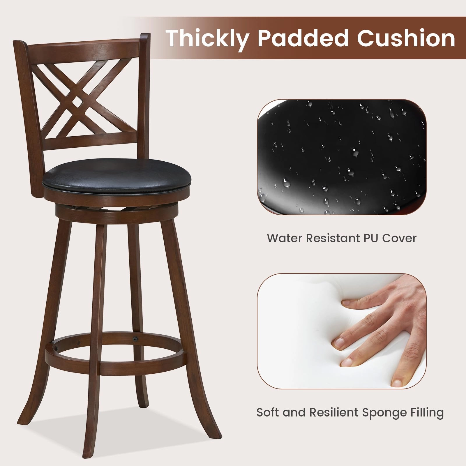 Giantex 360 Swivel Barstools Set of 2, 29"/24" Bar Height Bar Chairs with Back & Footrest, Espresso