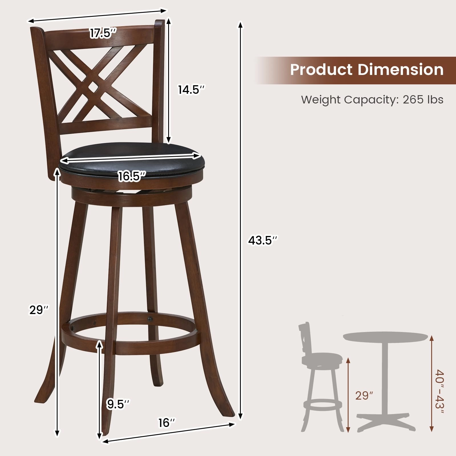 Giantex 360 Swivel Barstools Set of 2, 29"/24" Bar Height Bar Chairs with Back & Footrest, Espresso