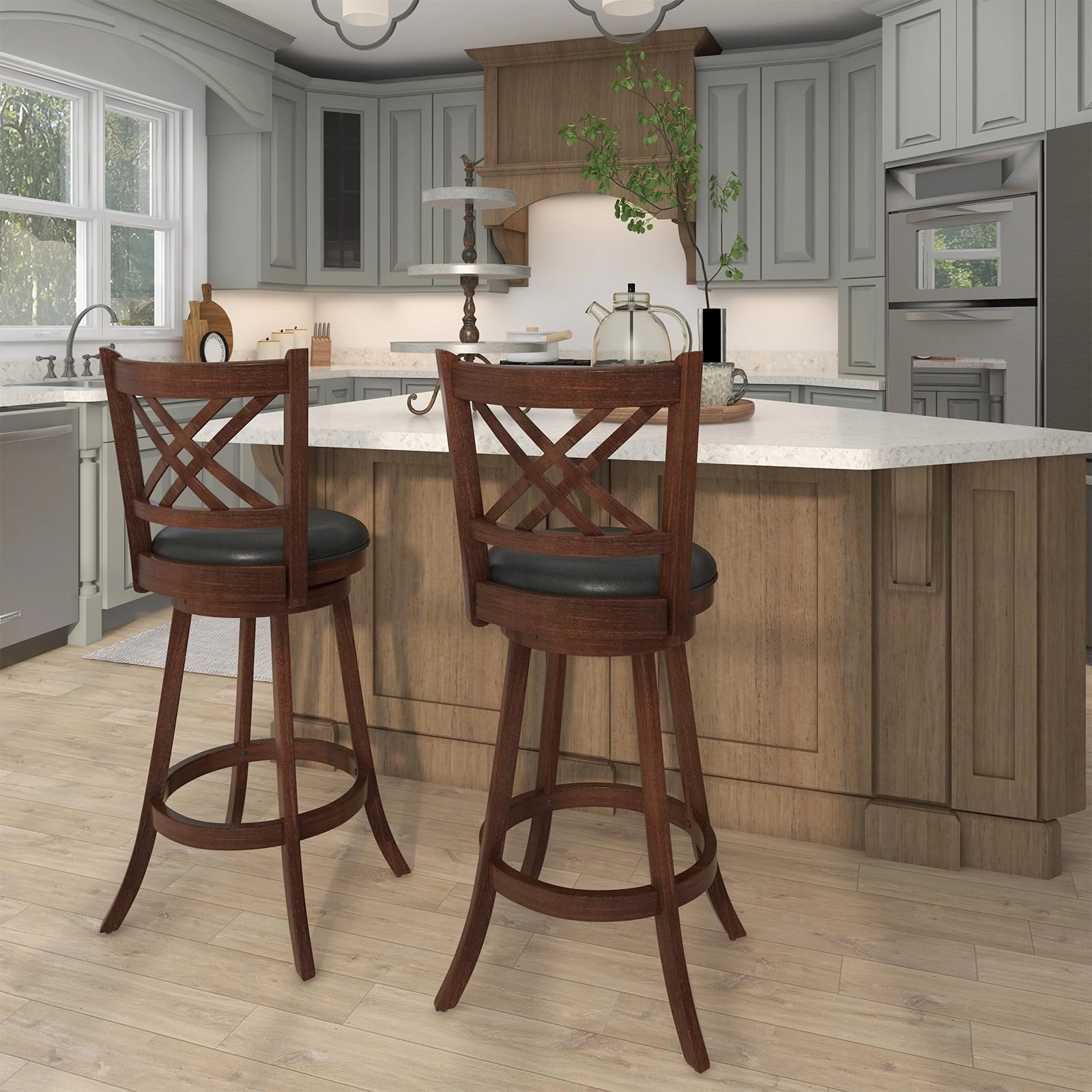 Giantex 360 Swivel Barstools Set of 2, 29"/24" Bar Height Bar Chairs with Back & Footrest, Espresso
