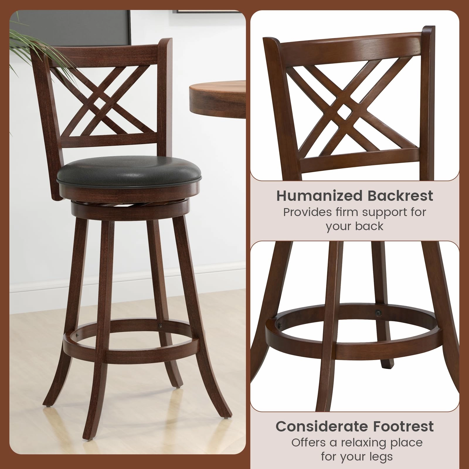 Giantex 360 Swivel Barstools Set of 2, 29"/24" Bar Height Bar Chairs with Back & Footrest, Espresso