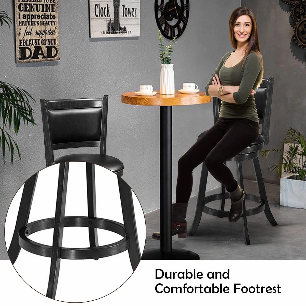 Giantex Accent Wooden Swivel Back Counter Height Bar Stool, Fabric Upholstered Design