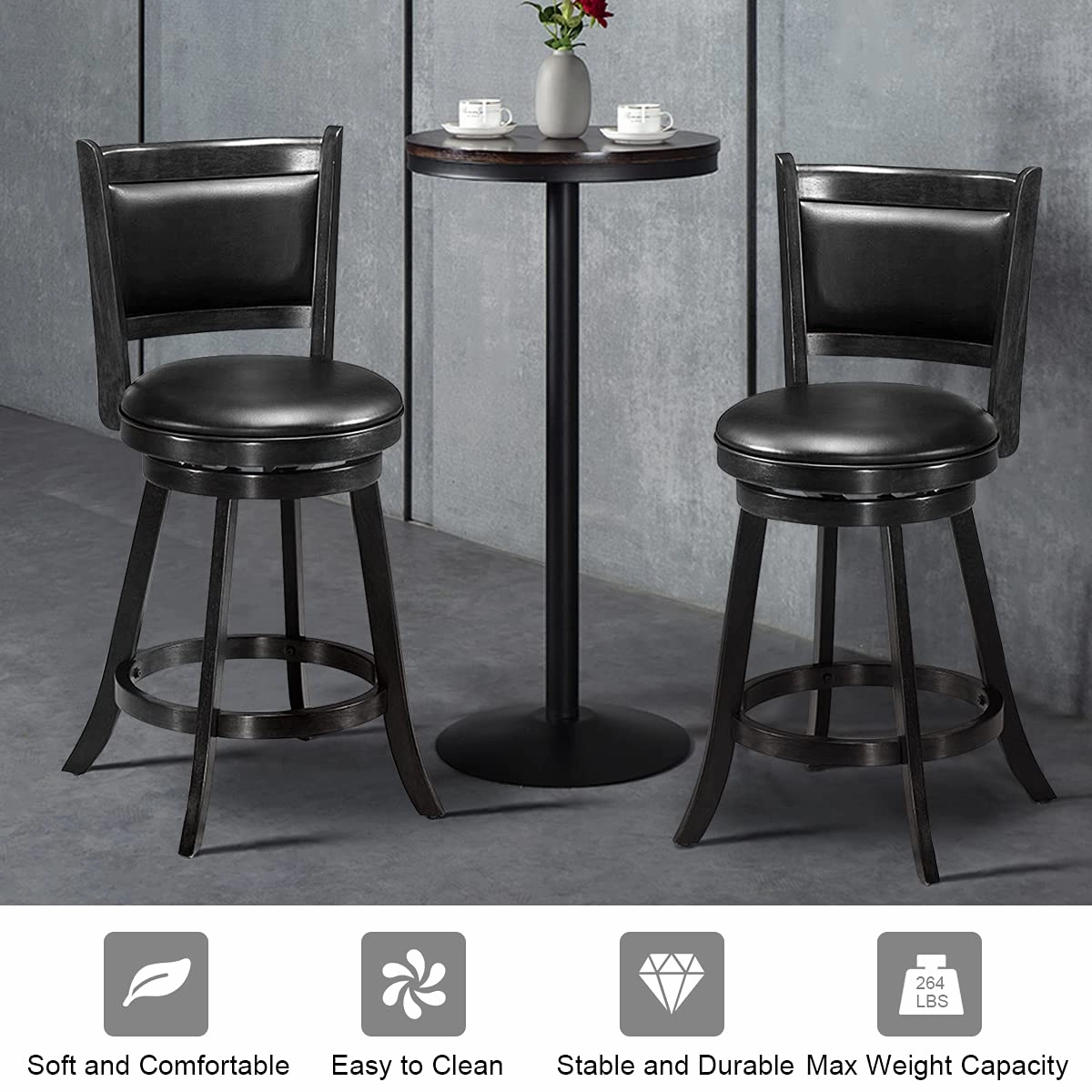 Giantex Accent Wooden Swivel Back Counter Height Bar Stool, Fabric Upholstered Design