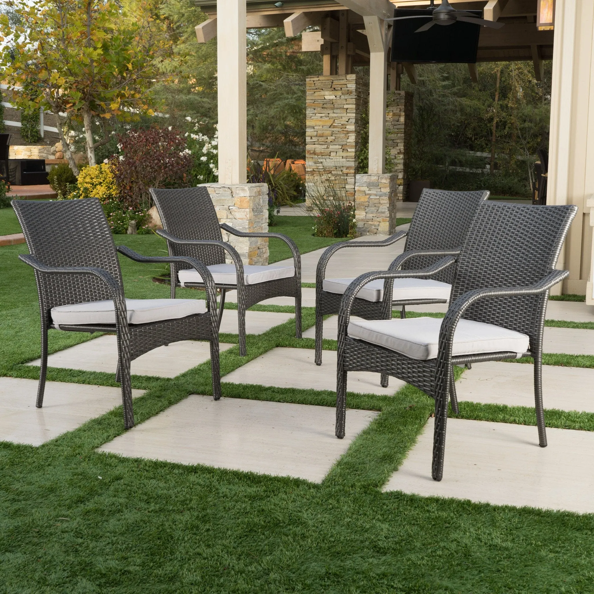 Grey Wicker Stackable Patio Armchairs (Set of 4) - NH454992