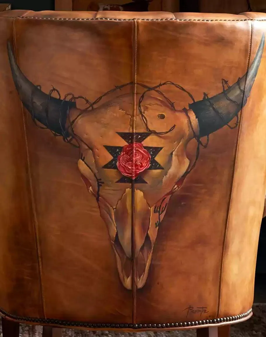 Hand painted Buffalo Skull Tufted Leather Chair
