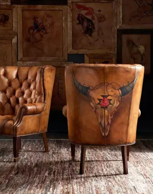 Hand painted Buffalo Skull Tufted Leather Chair vanity mirror, wall mirror