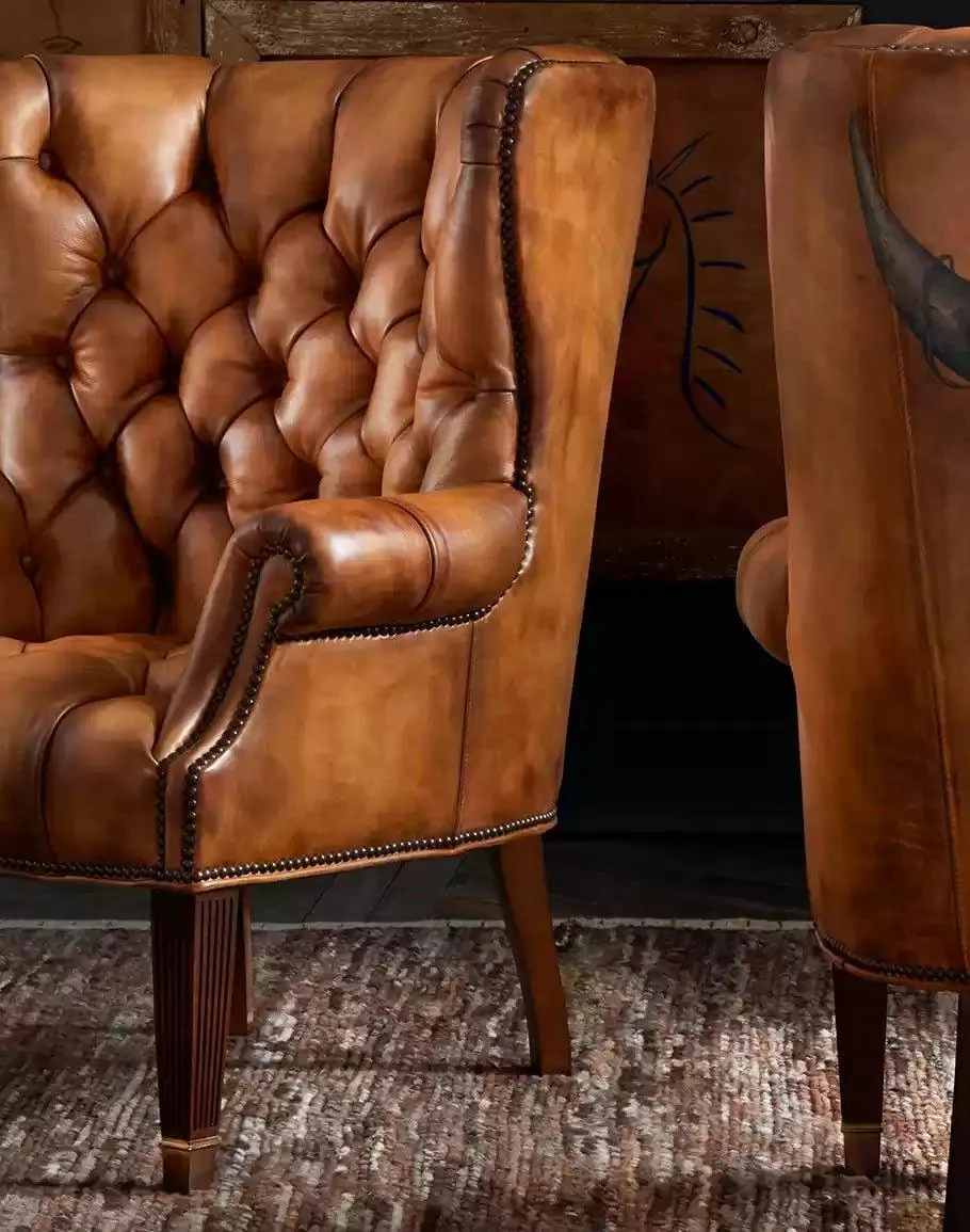 Hand painted Buffalo Skull Tufted Leather Chair