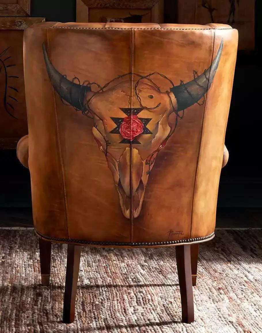 Hand painted Buffalo Skull Tufted Leather Chair