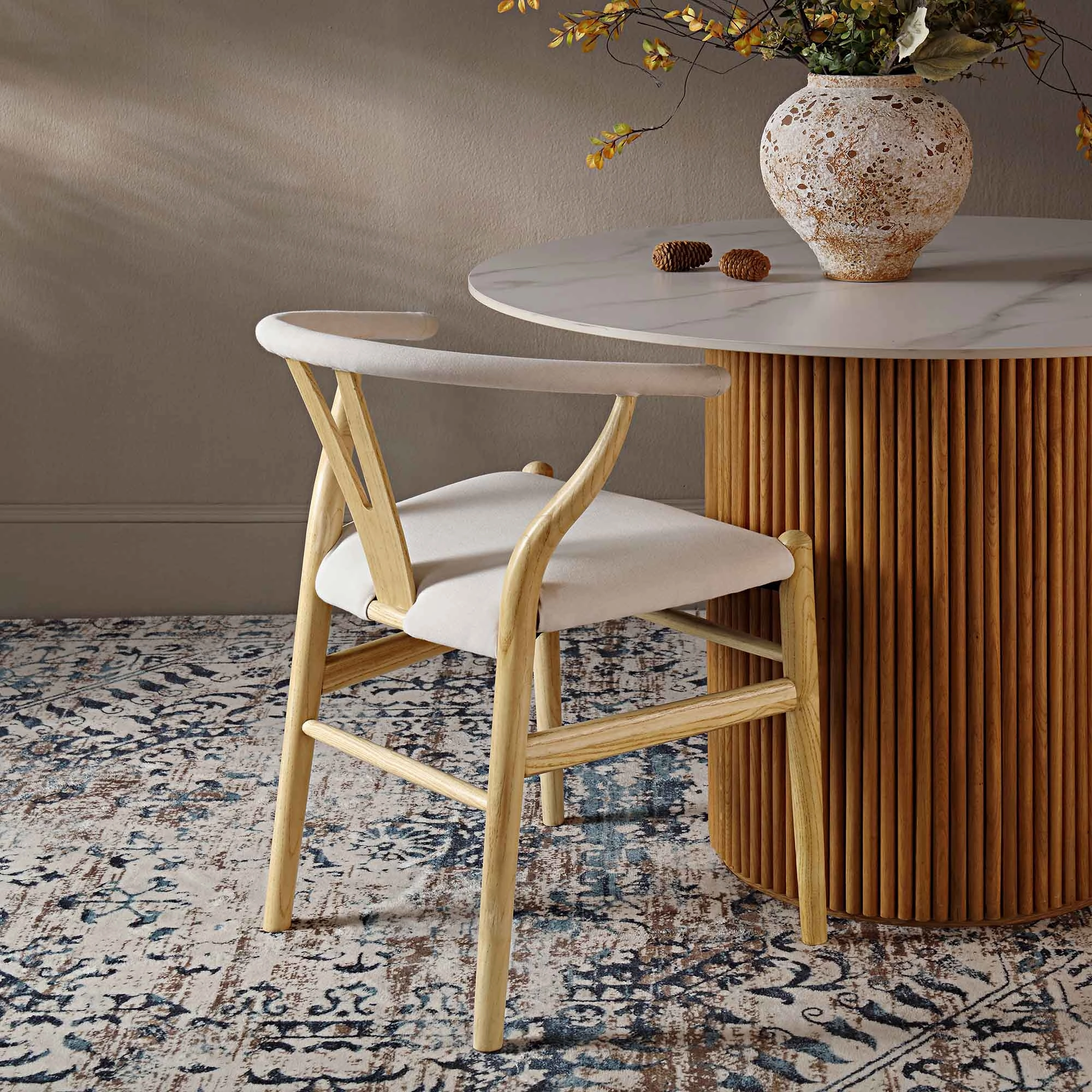Hansel Upholstered Padded Dining Chair, Beige Fabric and Natural Frame