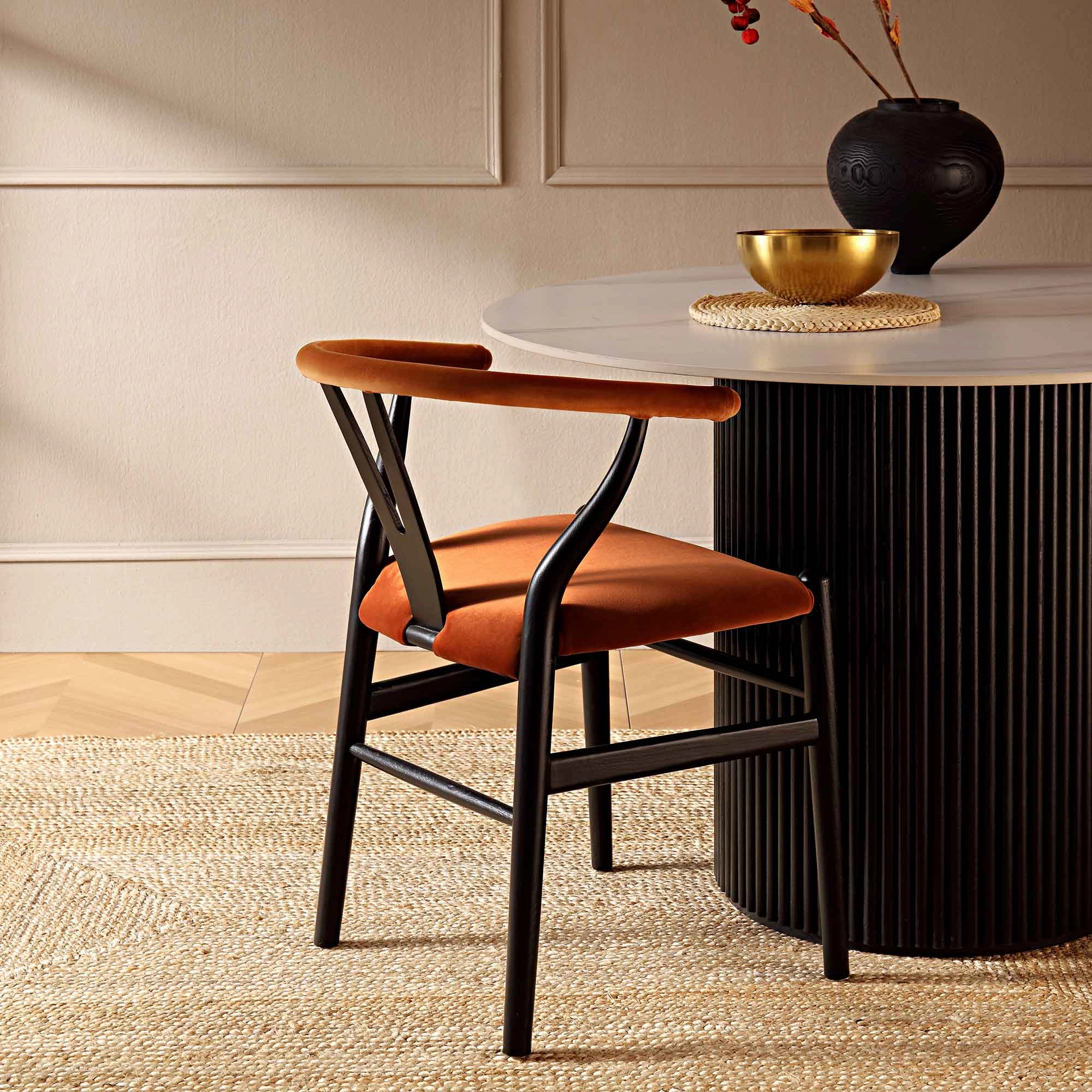Hansel Upholstered Padded Dining Chair, Rust Velvet and Black Frame
