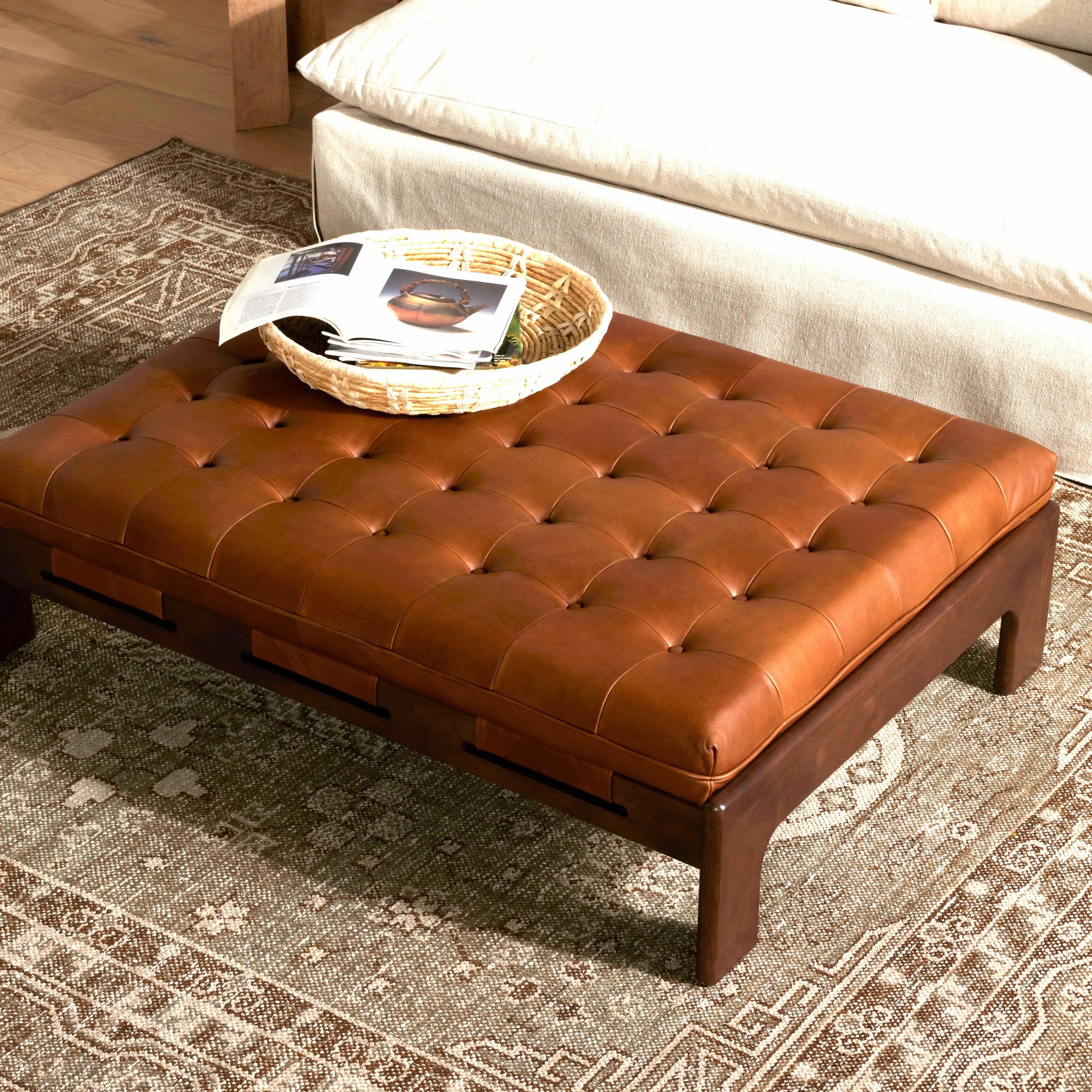 Heirloom Sienna Leather Tufted Ottoman table runner, placemat