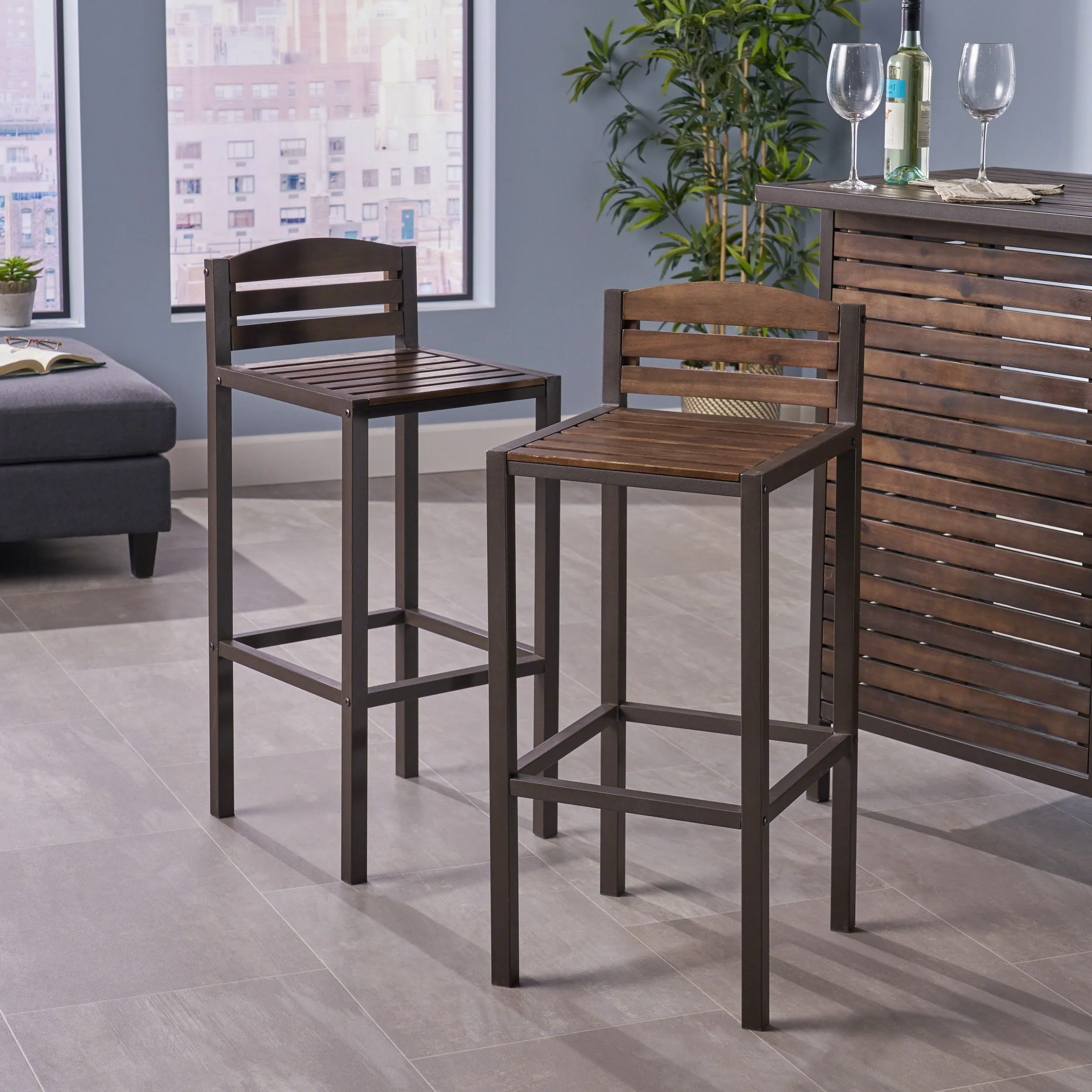 Indoor Acacia Barstools with Rustic Metal Finish Iron Frame (Set of 2) - NH879303 bar stool, counter stool