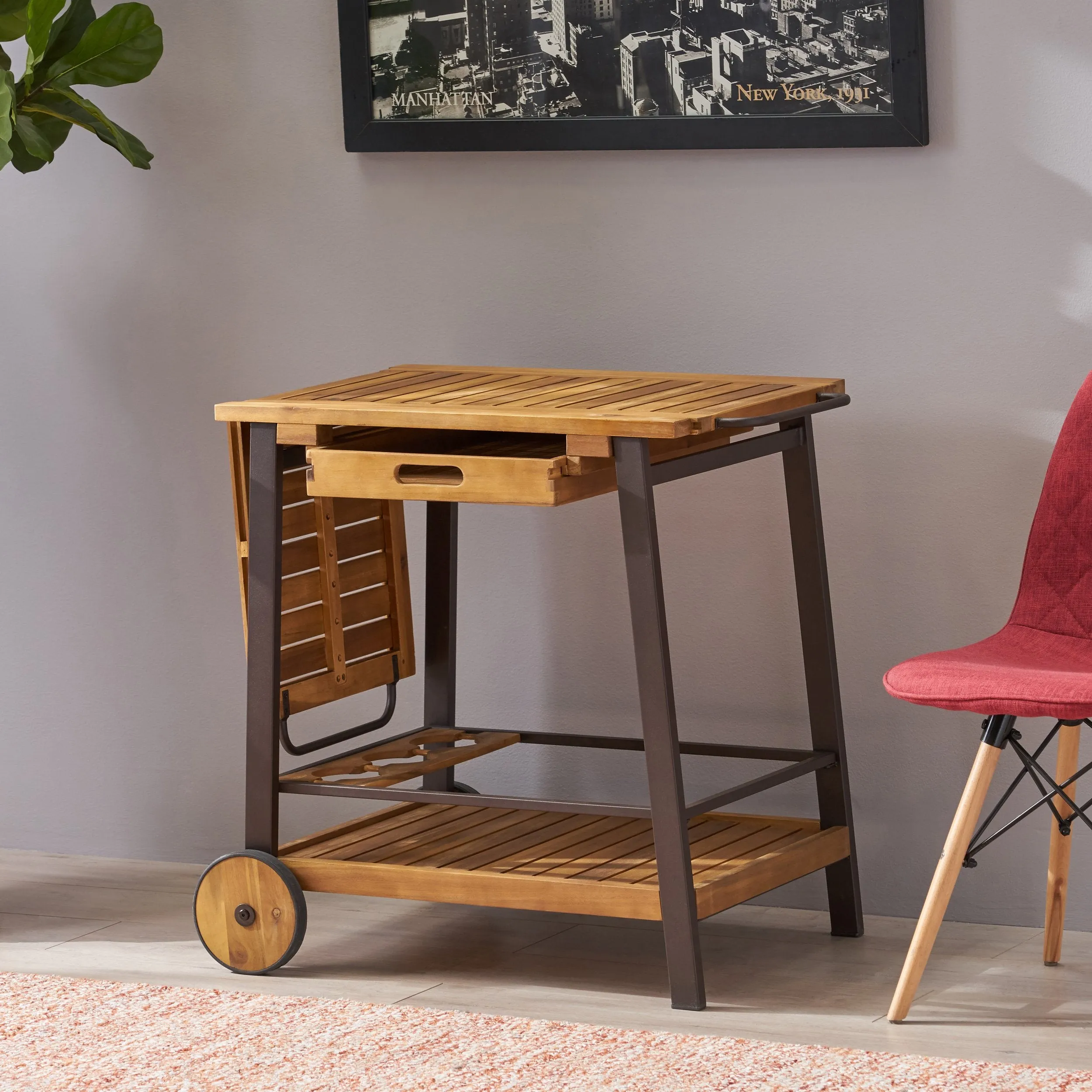 Indoor Acacia Wood Bar Cart with Reversible Drawers Adjustable Tray Top and Wine Bottle Holders - NH758803