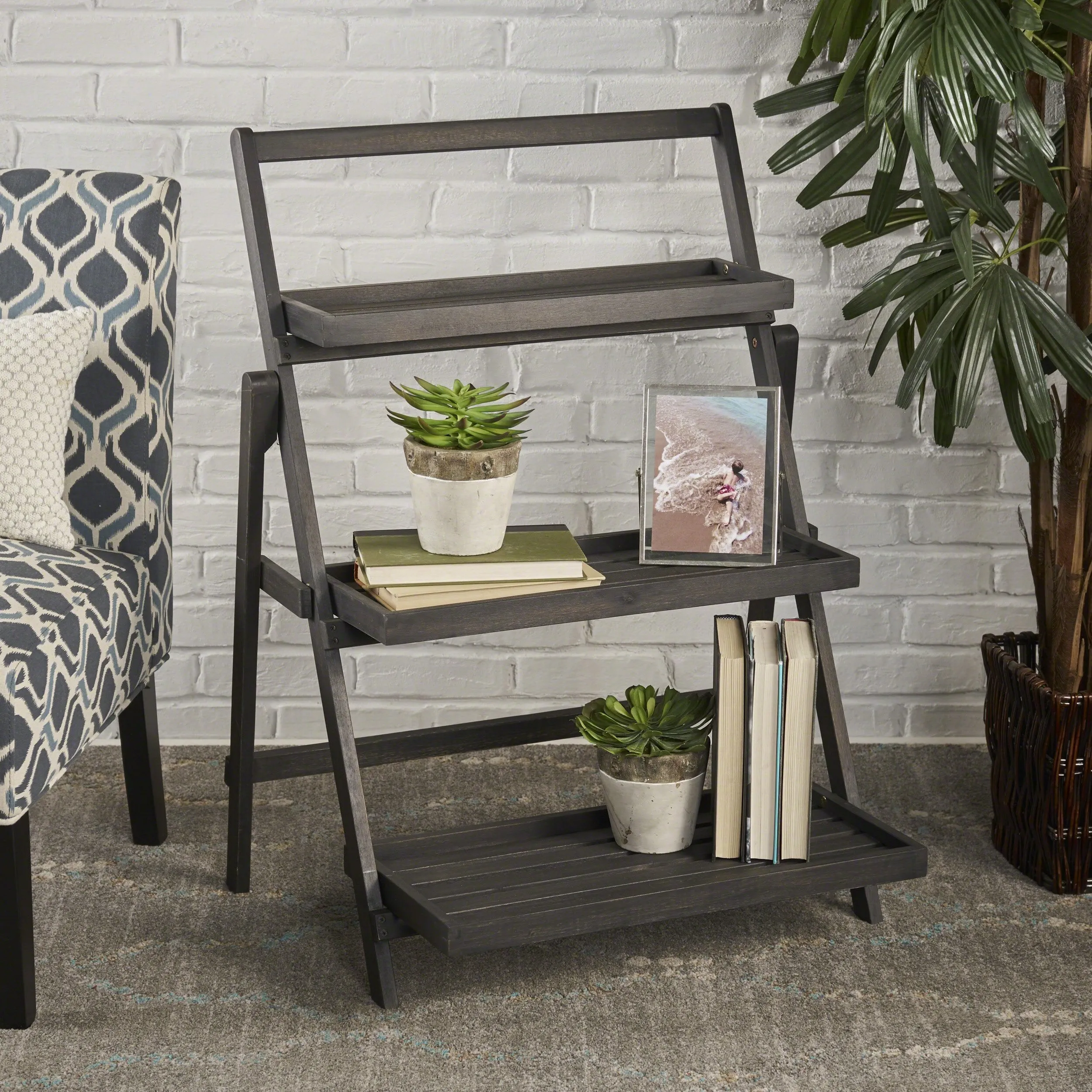 Indoor Chic Dark Grey Acacia Wood Plant Stand - NH285203 patio chairs, outdoor seating