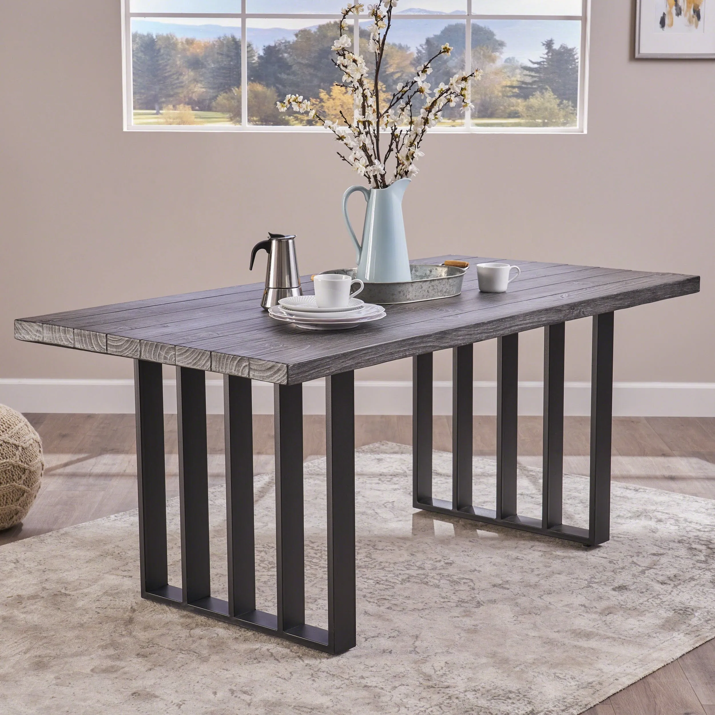 Indoor Farmhouse Oak Finish Light Weight Concrete Dining Table - NH521403