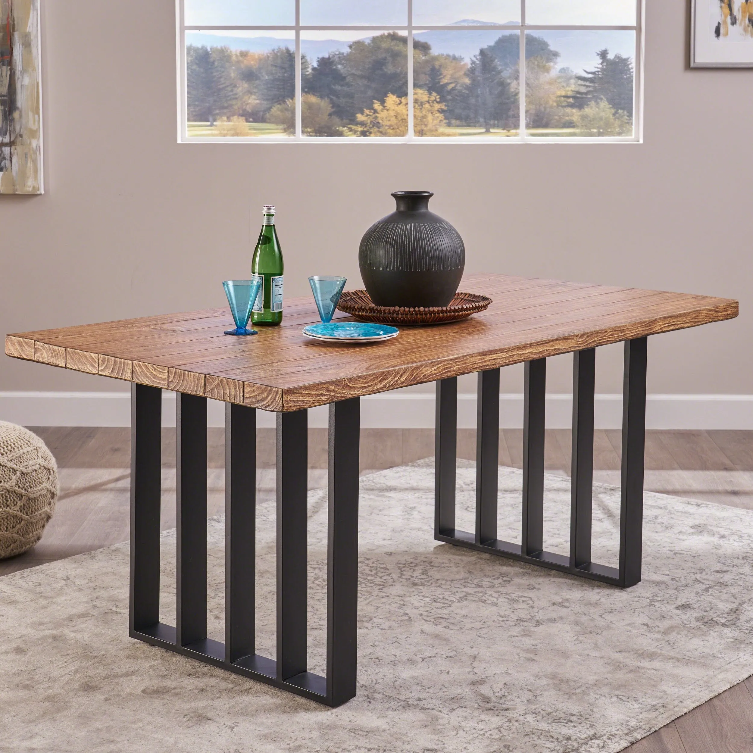 Indoor Farmhouse Oak Finish Light Weight Concrete Dining Table - NH521403 kitchen island table, dining furniture