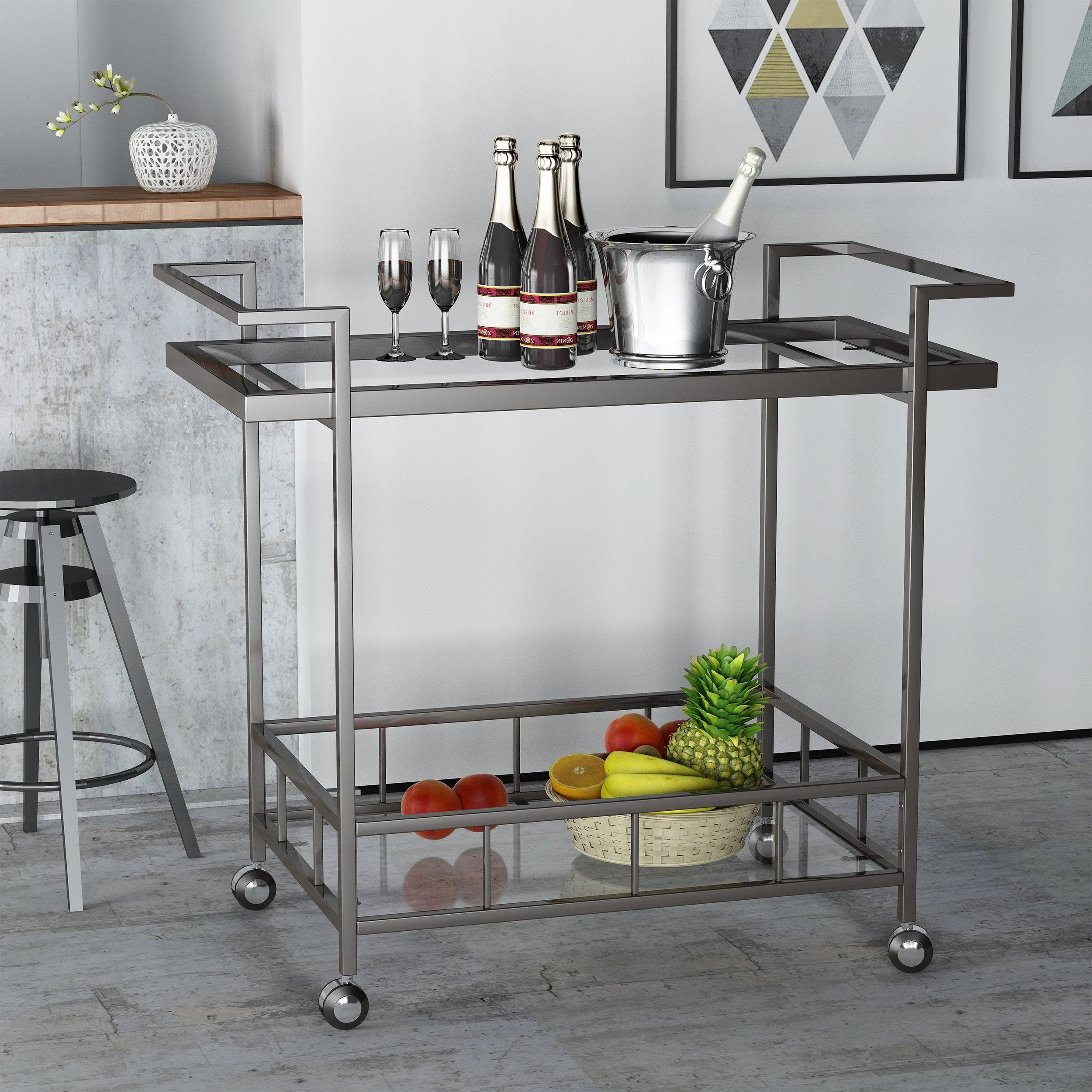 Indoor Industrial Black Iron Bar Cart with Tempered Glass Shelves - NH853203 dining chair, upholstered chair