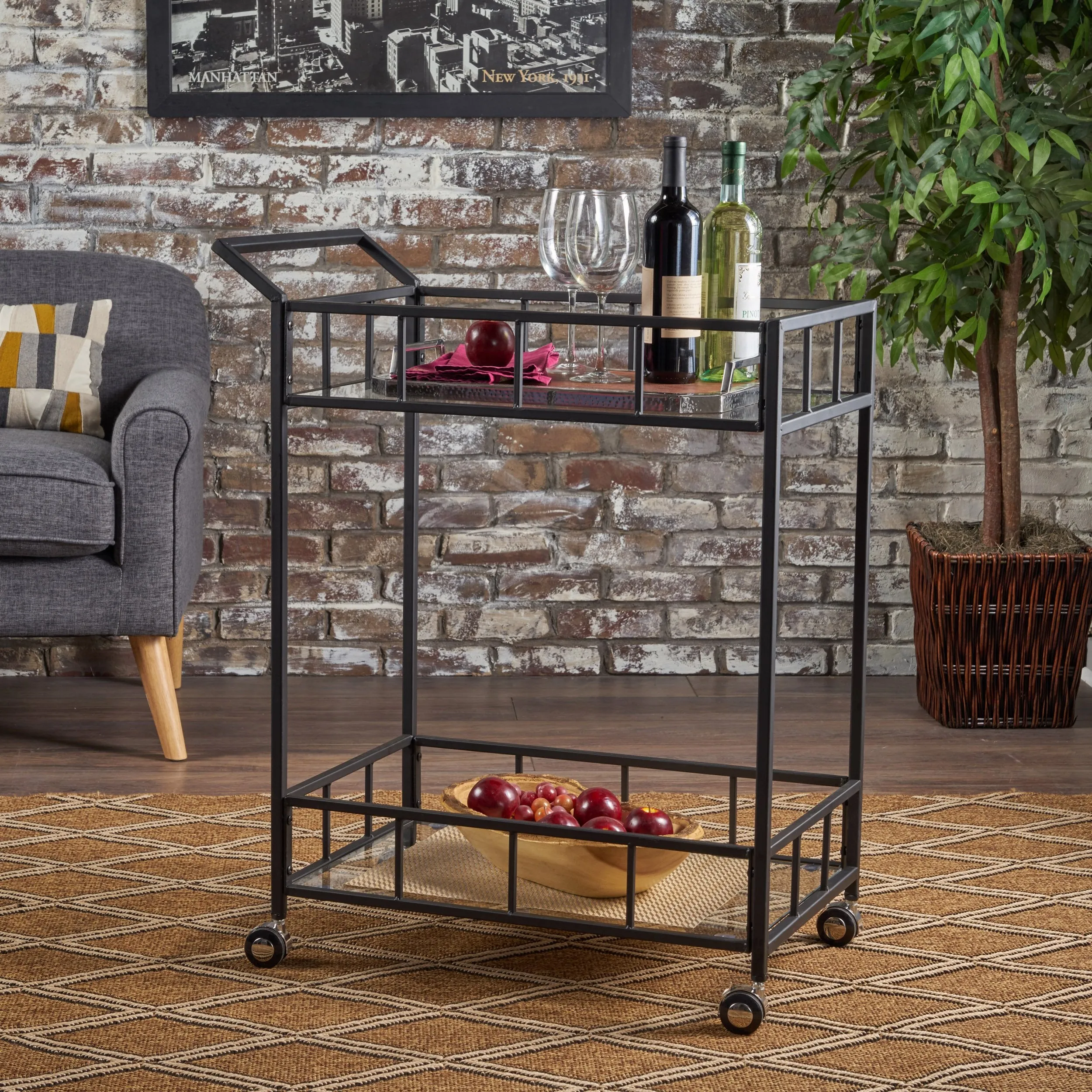 Indoor Industrial Modern Black Iron Bar Cart with Tempered Glass Top - NH902203 dining chair, upholstered chair