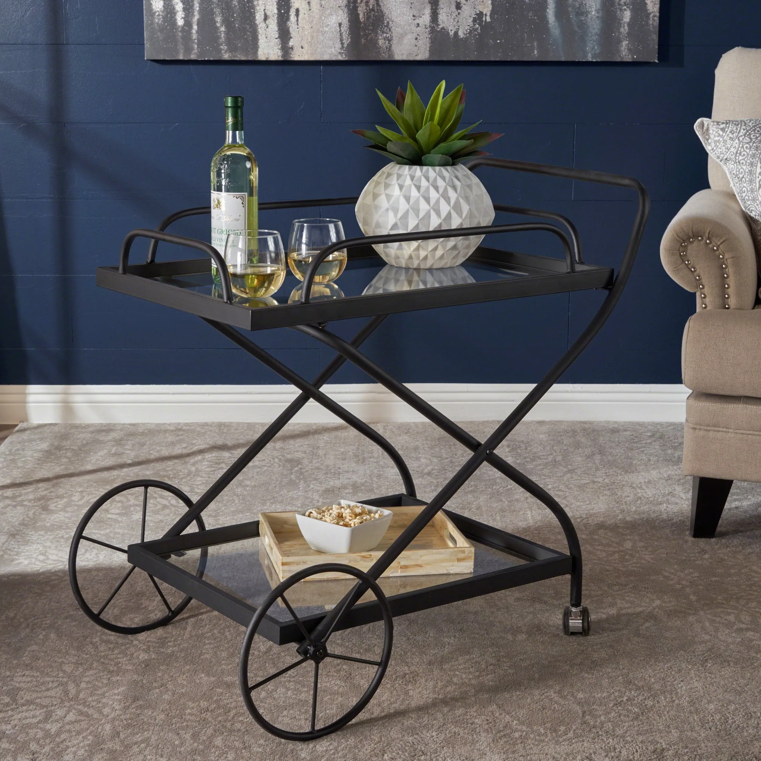 Indoor Traditional Black Iron Bar Cart with Tempered Glass Shelves - NH675203 dining chair, upholstered chair