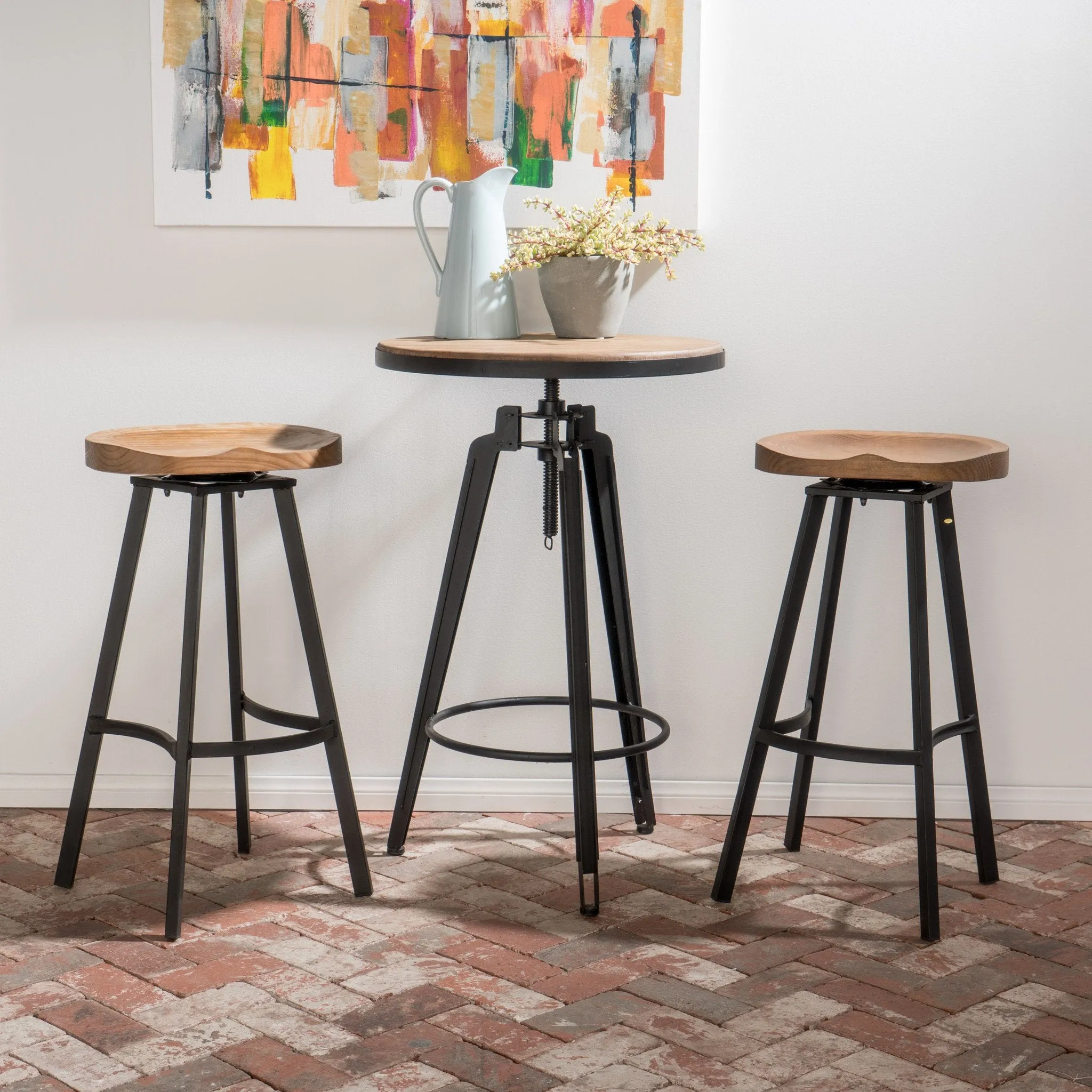 Industrial Adjustable Antique Finish Wood Bar Set with Swivel Stools - NH898892 bar stool, counter stool
