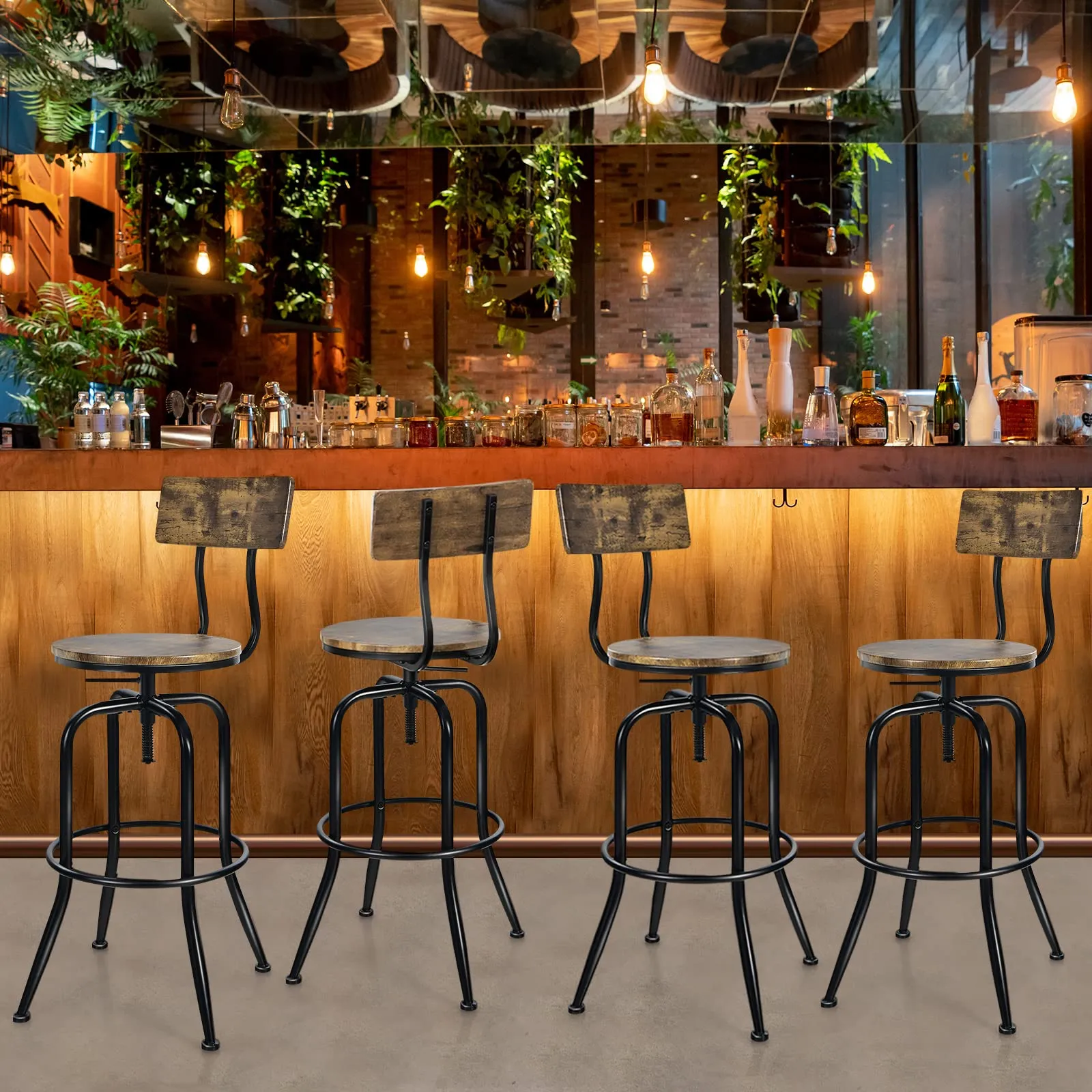 Industrial Bar Stool, Vintage Adjustable Swivel Counter Height Kitchen Dining Chair with Arc-Shaped Backrest