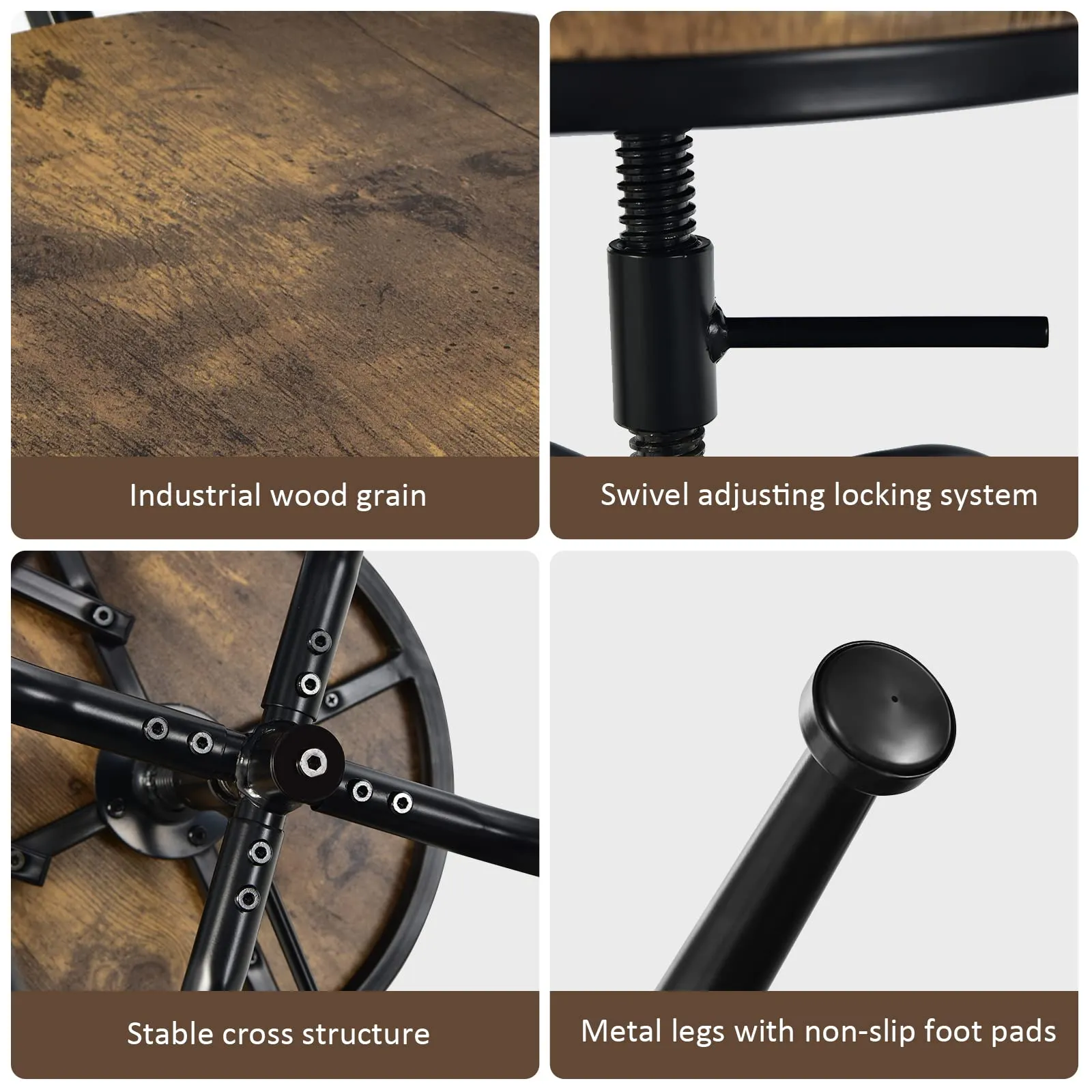 Industrial Bar Stool, Vintage Adjustable Swivel Counter Height Kitchen Dining Chair with Arc-Shaped Backrest