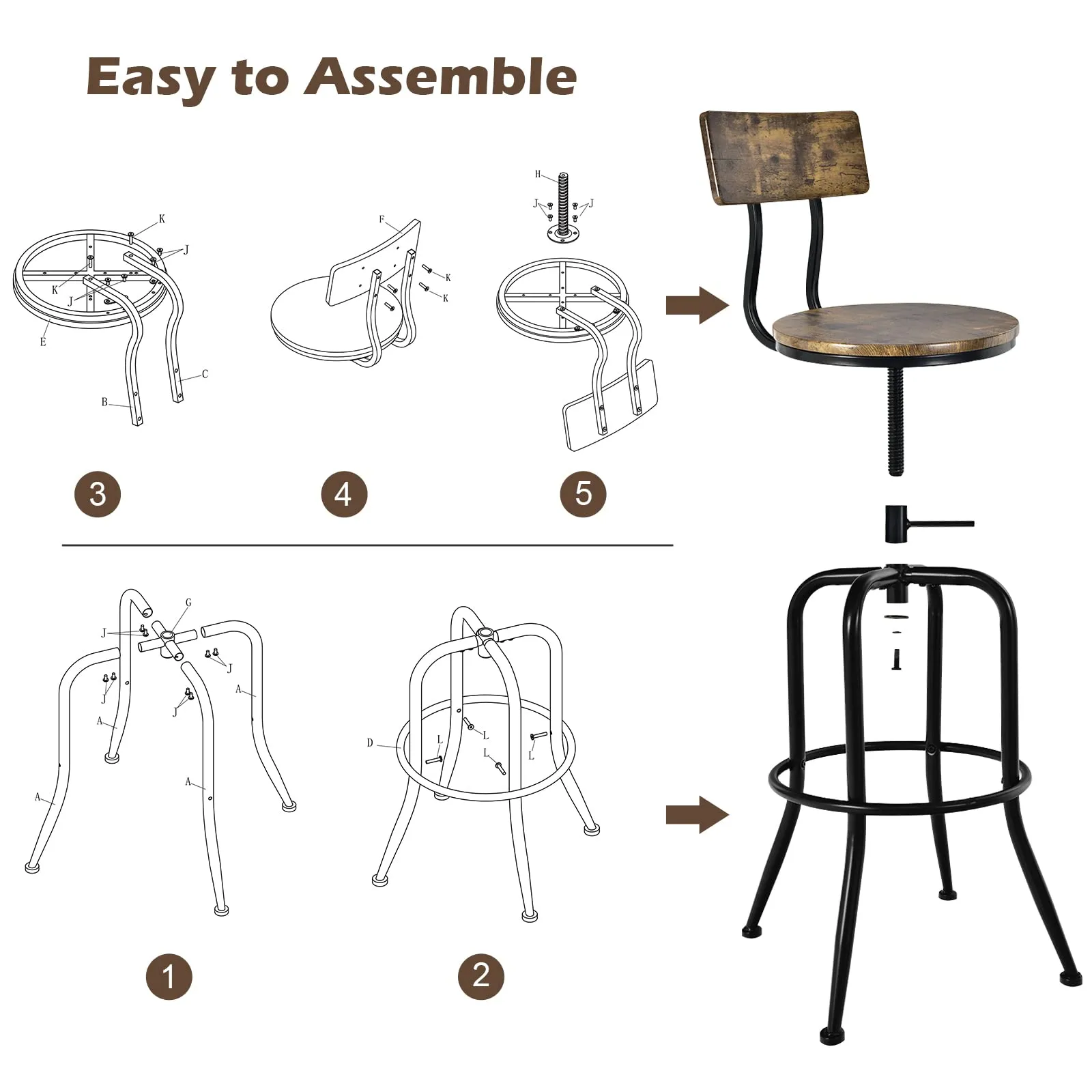 Industrial Bar Stool, Vintage Adjustable Swivel Counter Height Kitchen Dining Chair with Arc-Shaped Backrest