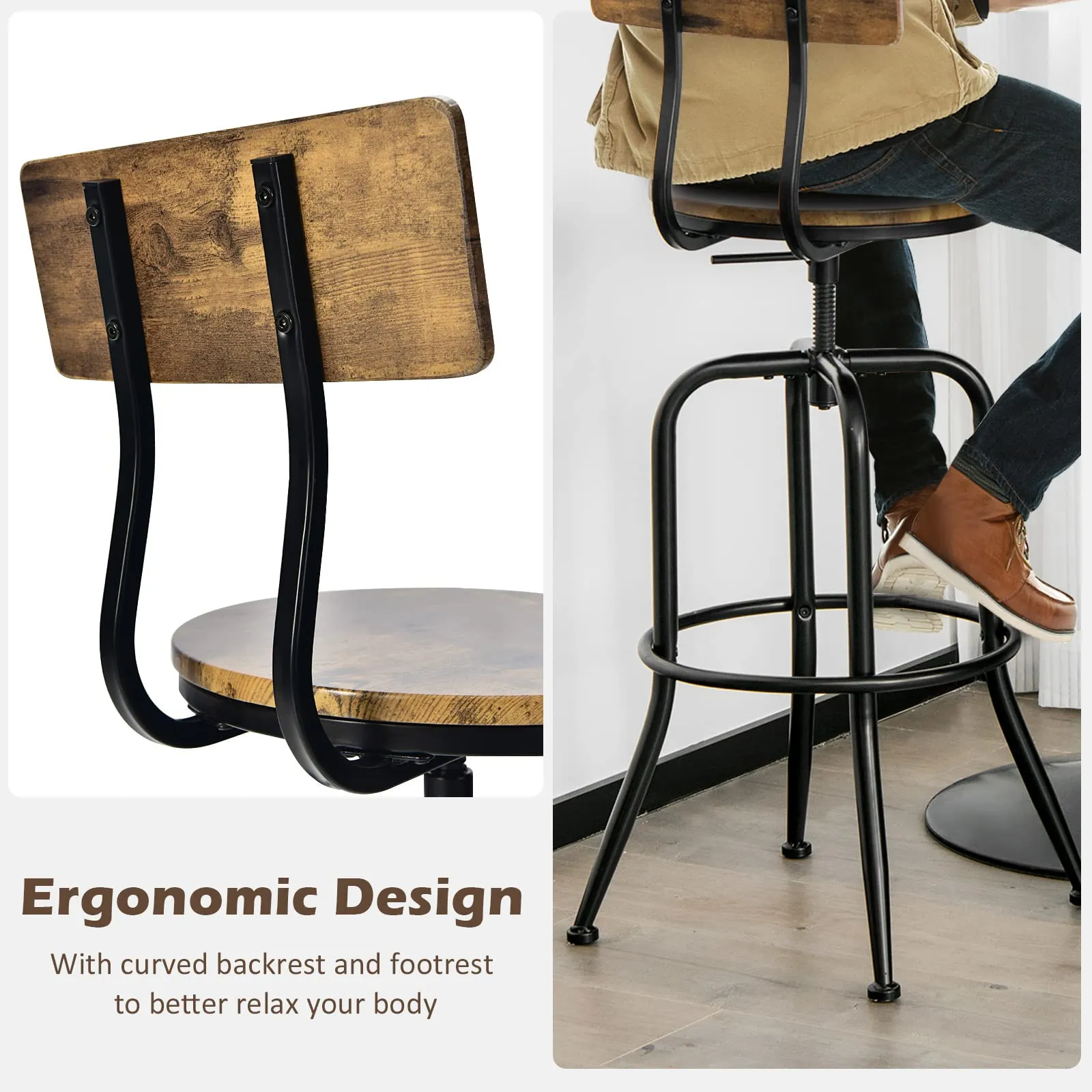 Industrial Bar Stool, Vintage Adjustable Swivel Counter Height Kitchen Dining Chair with Arc-Shaped Backrest