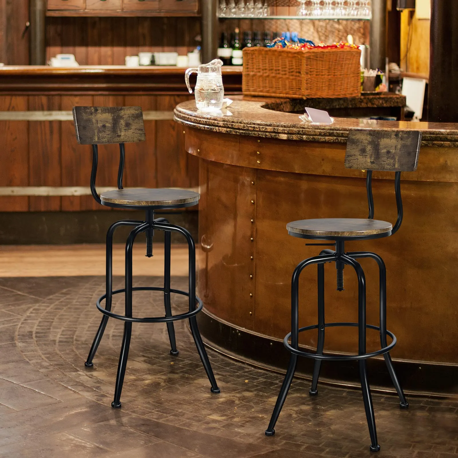 Industrial Bar Stool, Vintage Adjustable Swivel Counter Height Kitchen Dining Chair with Arc-Shaped Backrest