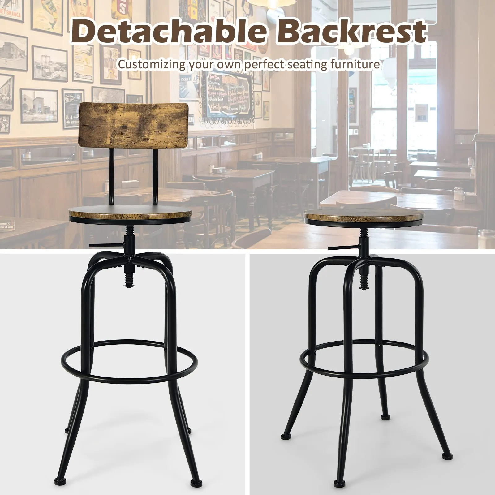 Industrial Bar Stool, Vintage Adjustable Swivel Counter Height Kitchen Dining Chair with Arc-Shaped Backrest
