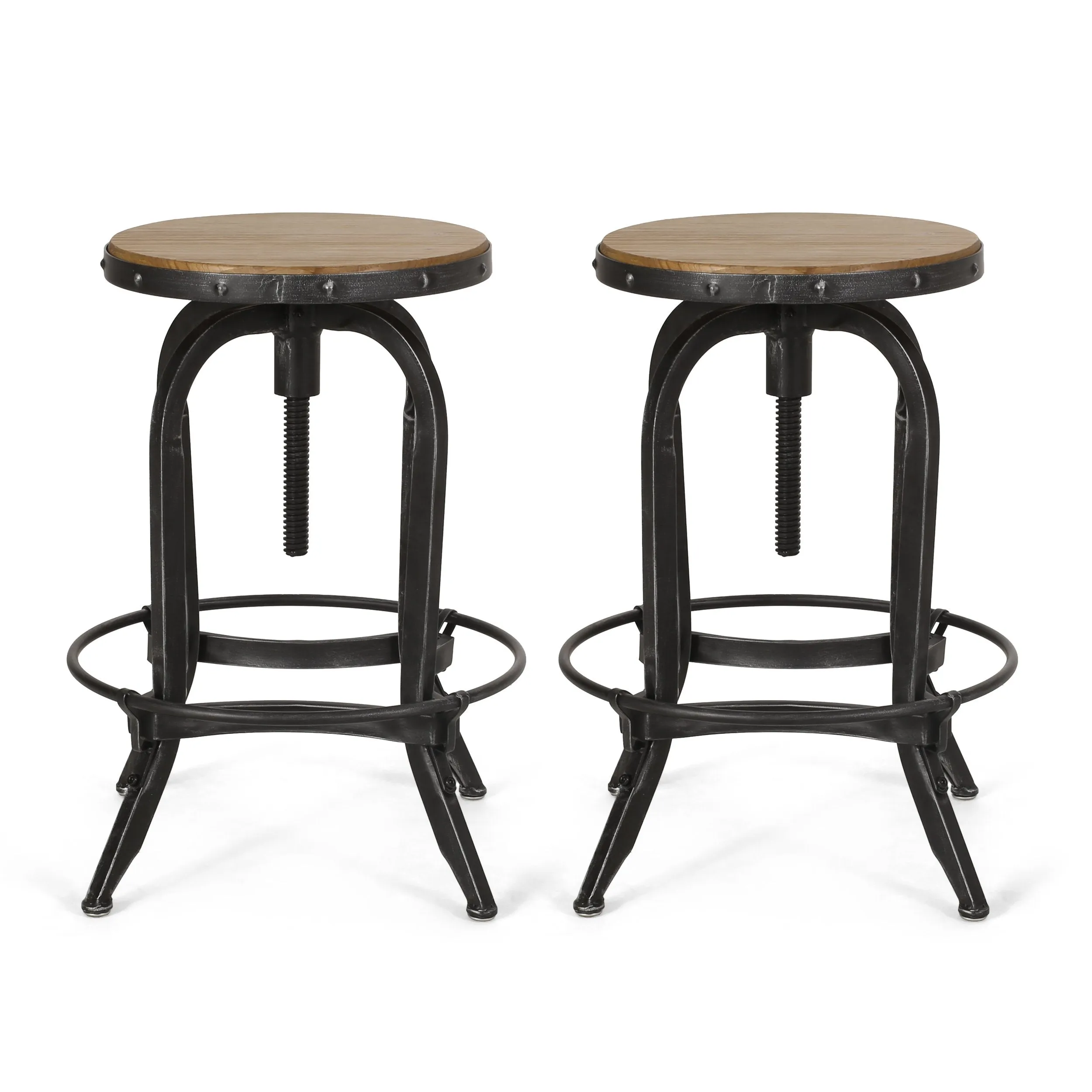 Industrial Firwood Adjustable Height Swivel Barstools, Set of 2, Antique Natural and Pewter - NH325413 bar stool, counter stool