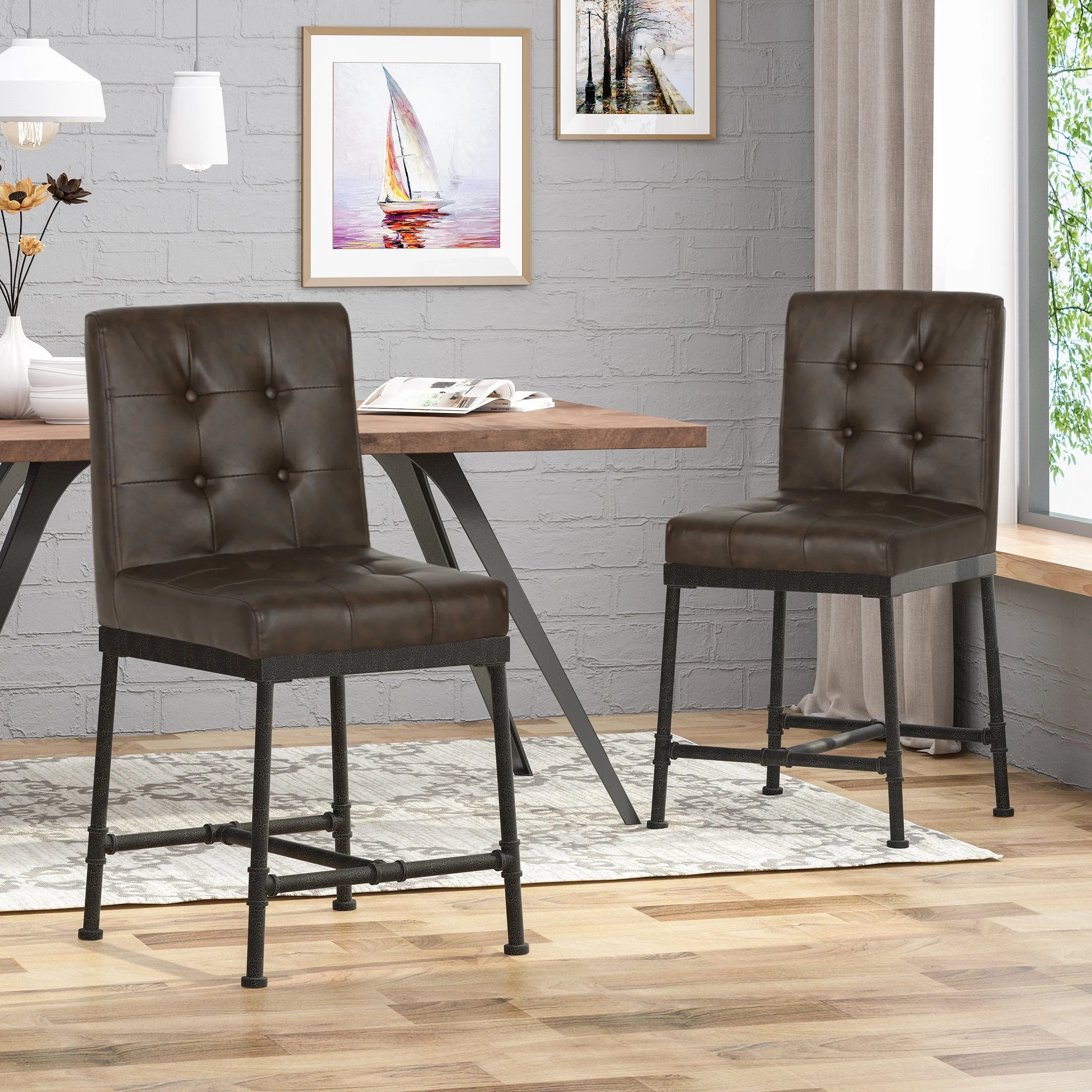 Industrial Modern 24" Counter Stool with Faux Leather Backing and Metal Pipe Base (Set of 2) - NH559803 bar stool, counter stool