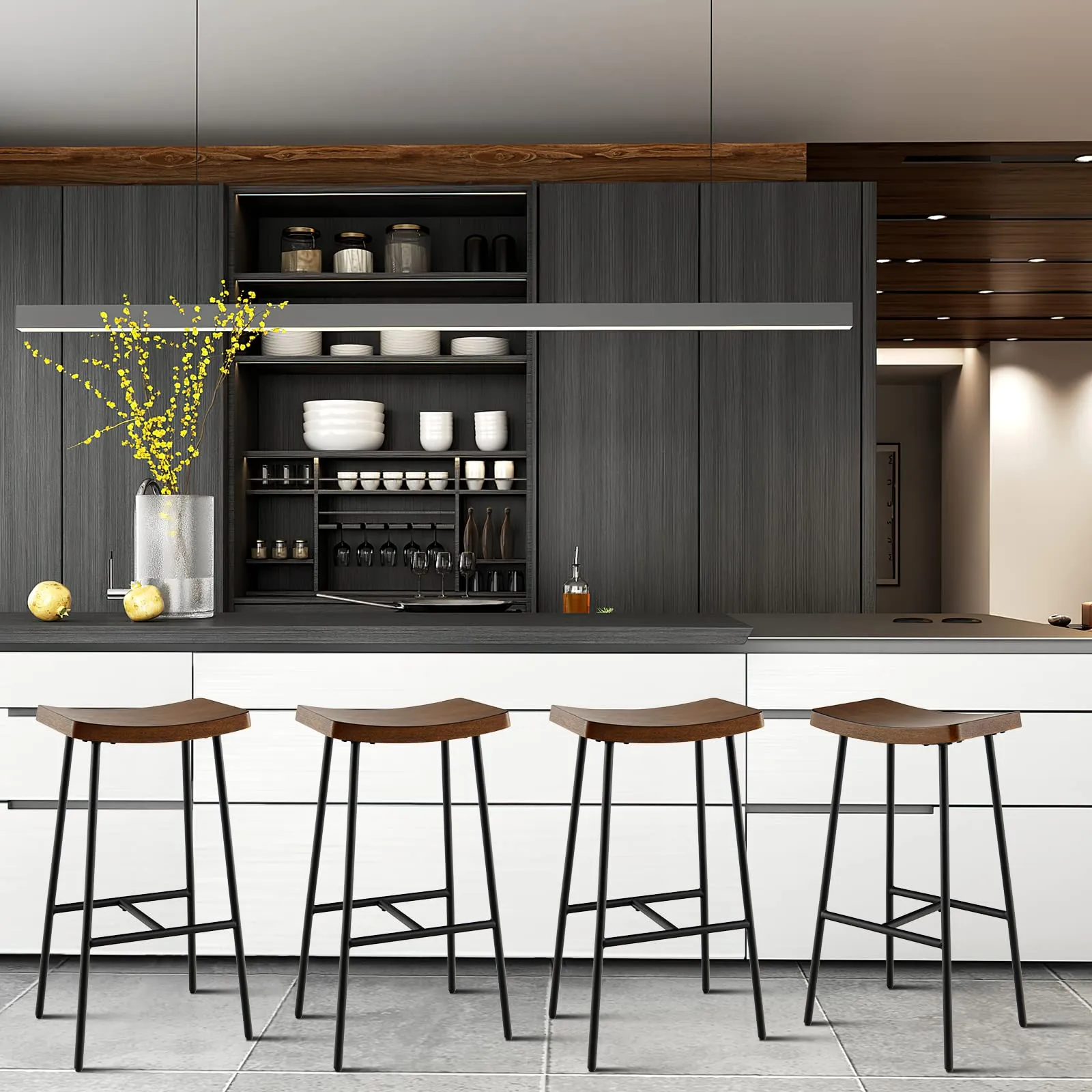 Industrial Saddle Stool with Footrest, Metal Legs, Adjustable Foot Pads, Backless Counter Height Chair for Living Room Kitchen Bar