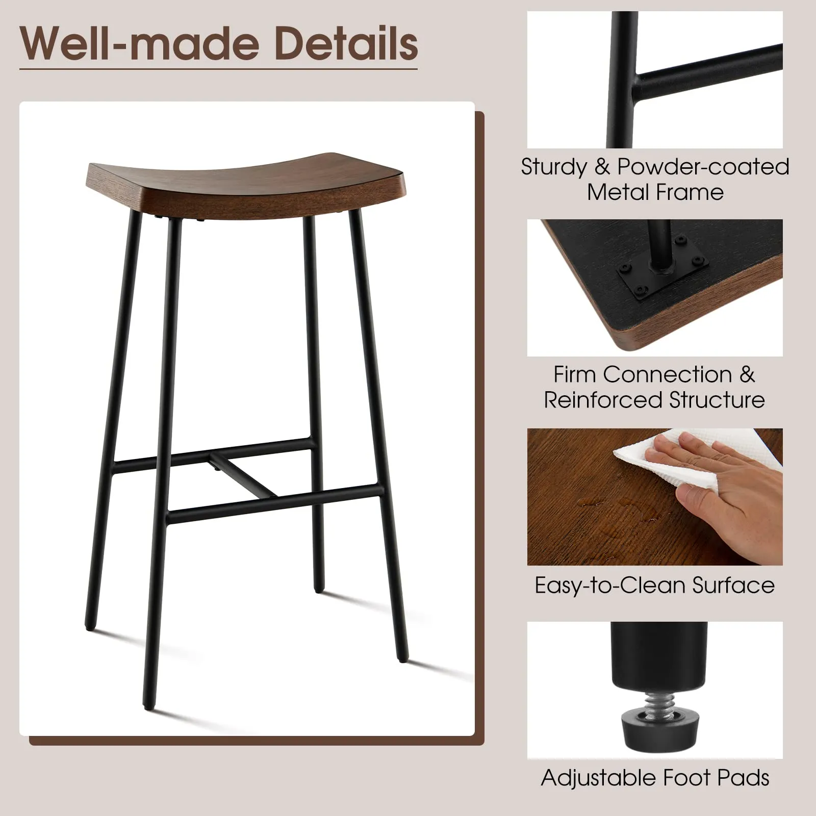 Industrial Saddle Stool with Footrest, Metal Legs, Adjustable Foot Pads, Backless Counter Height Chair for Living Room Kitchen Bar