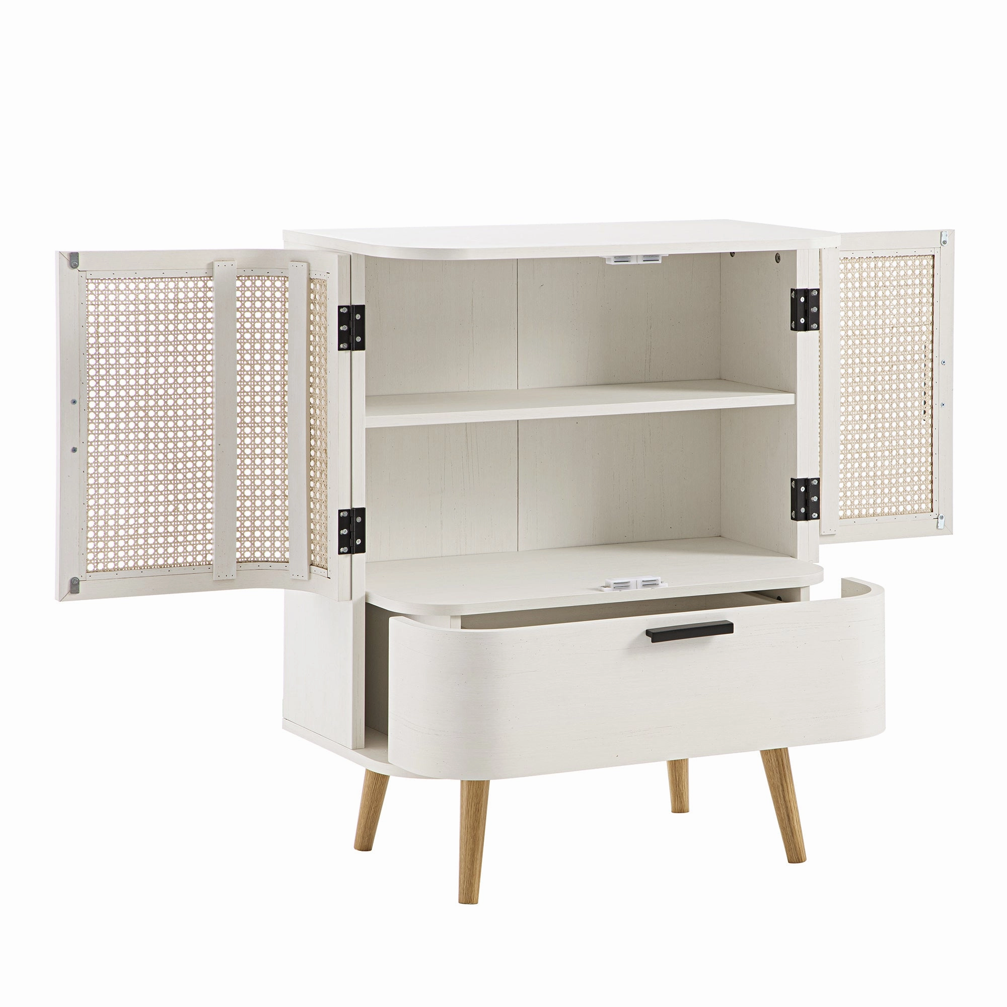 Izzy Curved Rattan 1-Drawer Small Sideboard, White