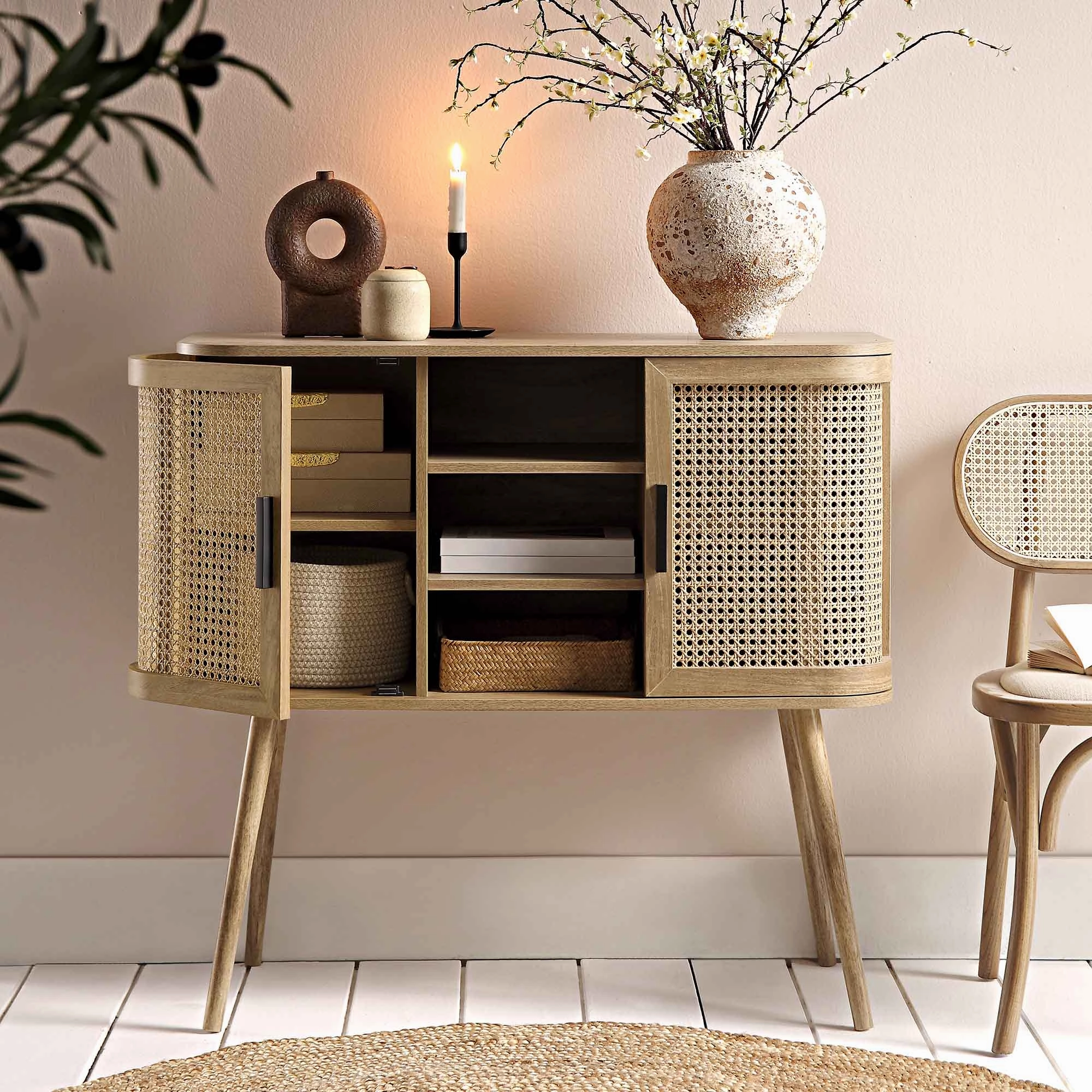 Izzy Curved Rattan 2-Door Buffet Sideboard, Natural