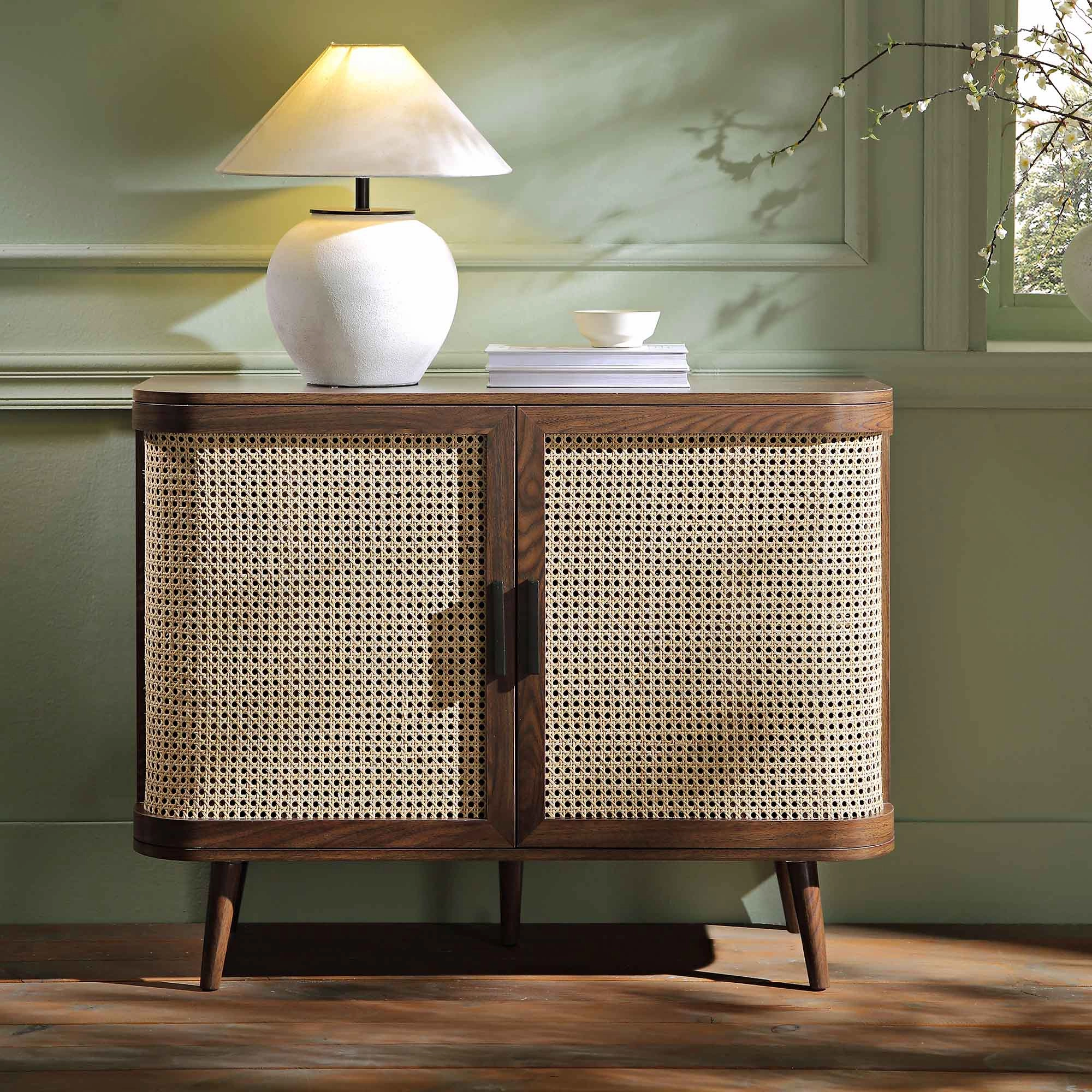 Izzy Curved Rattan 2-Door Small Sideboard, Walnut