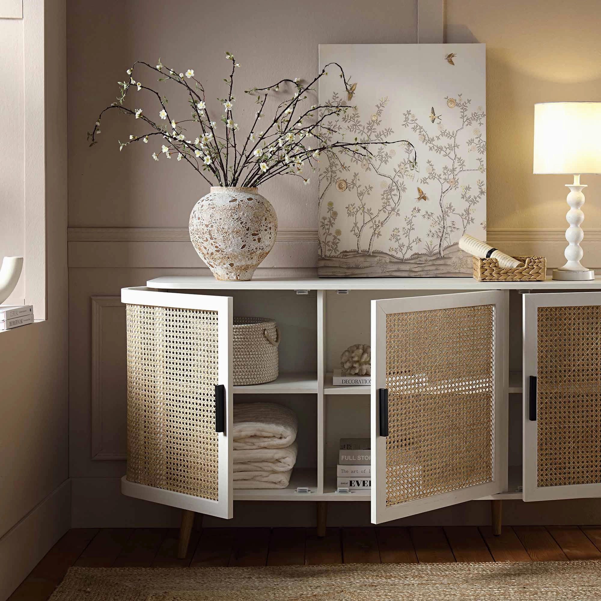 Izzy Curved Rattan Large 3-Door Sideboard, White