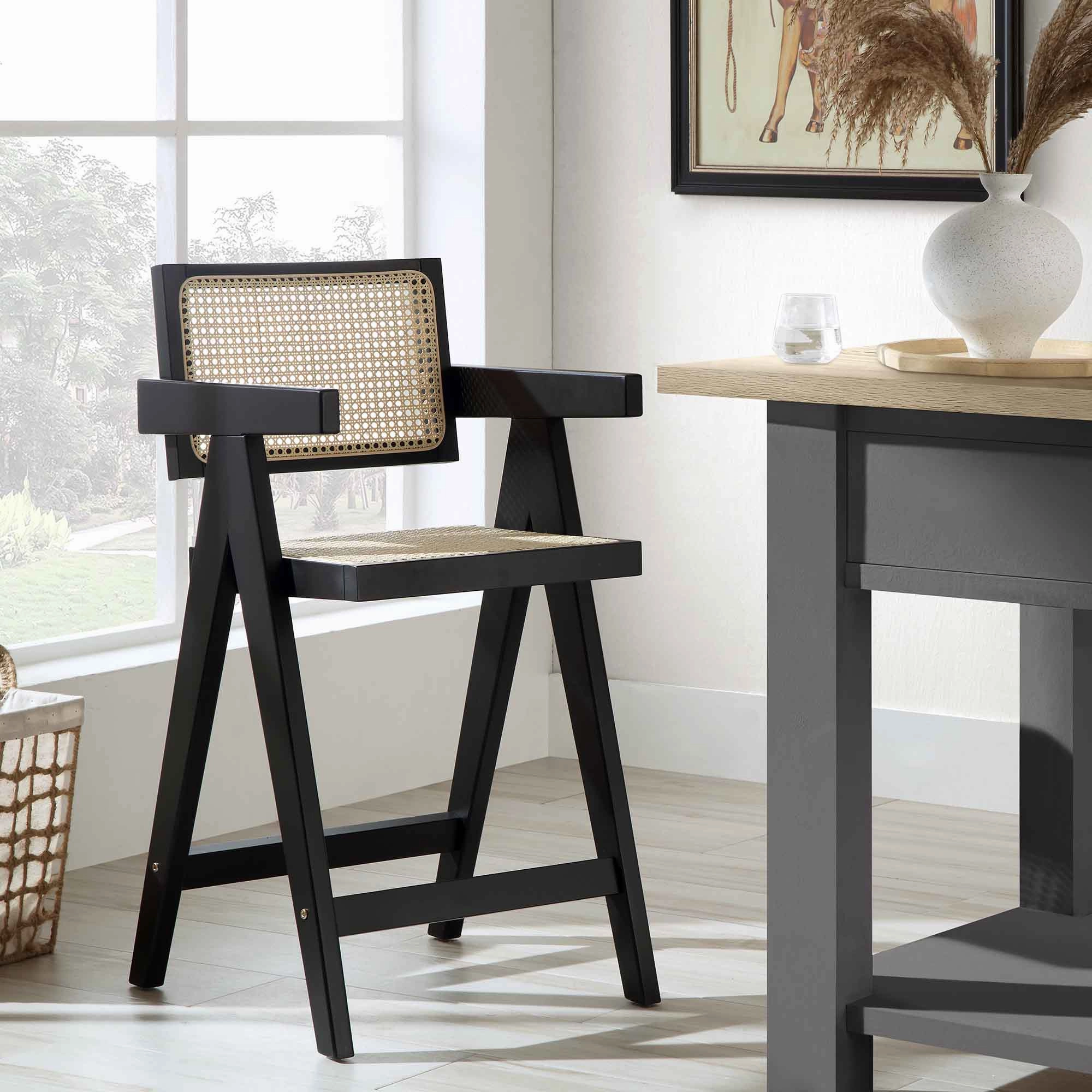 Jeanne Black Colour Cane Rattan Solid Beech Wood Counter Stool