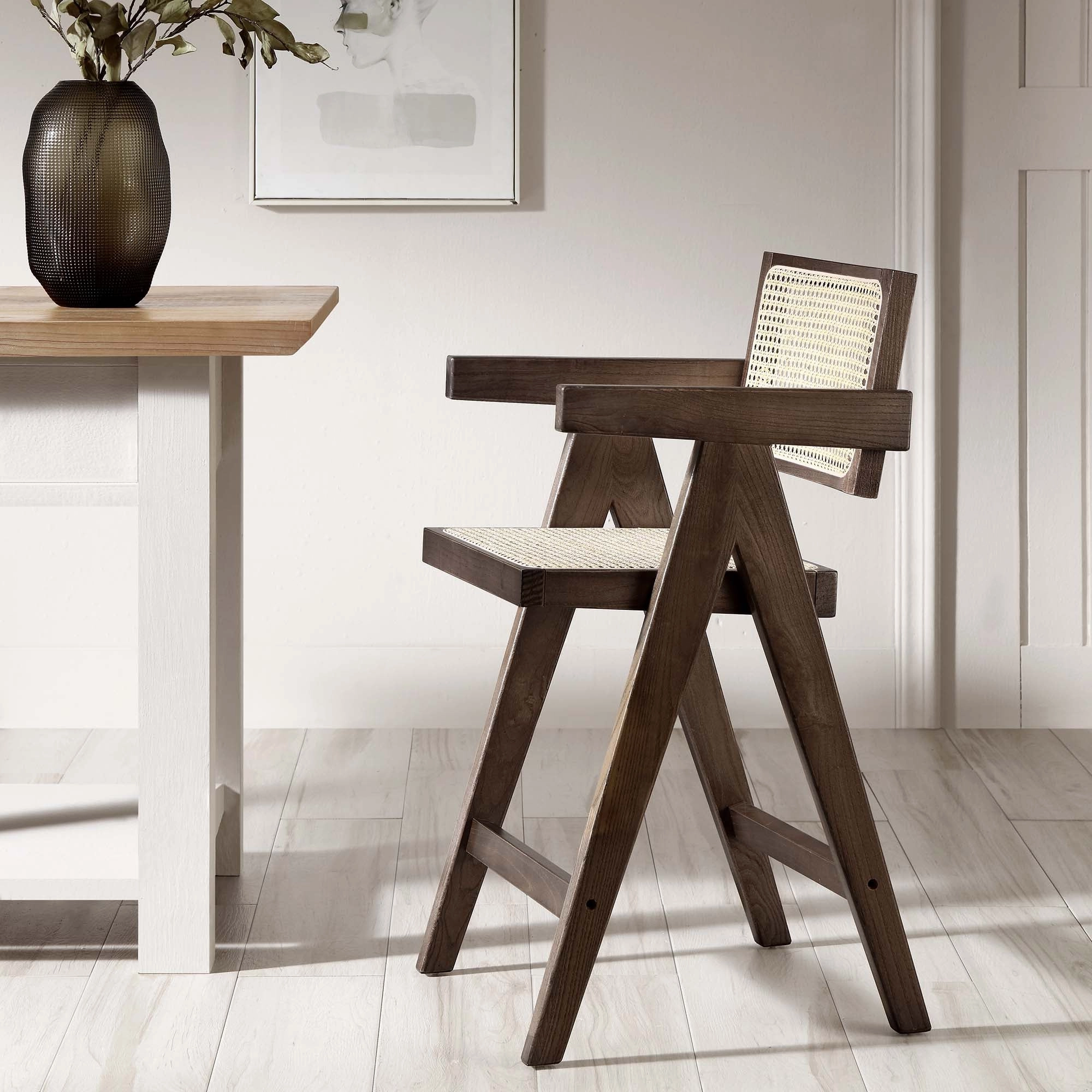 Jeanne Dark Walnut Cane Rattan Solid Beech Wood Counter Stool