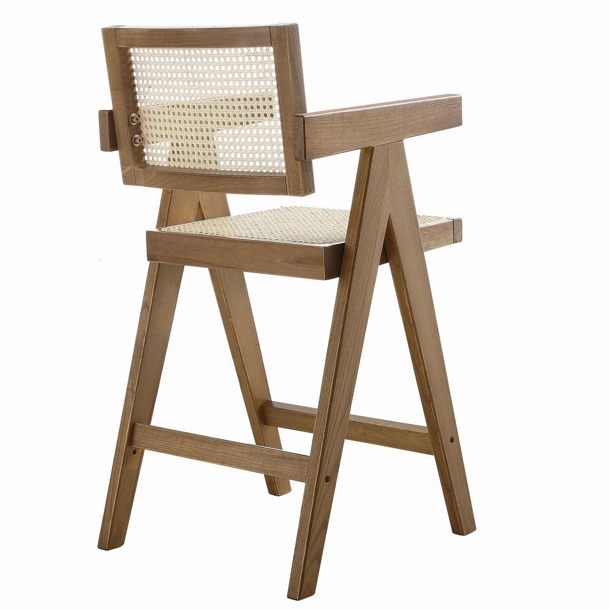Jeanne Light Walnut Cane Rattan Solid Beech Wood Counter Stool