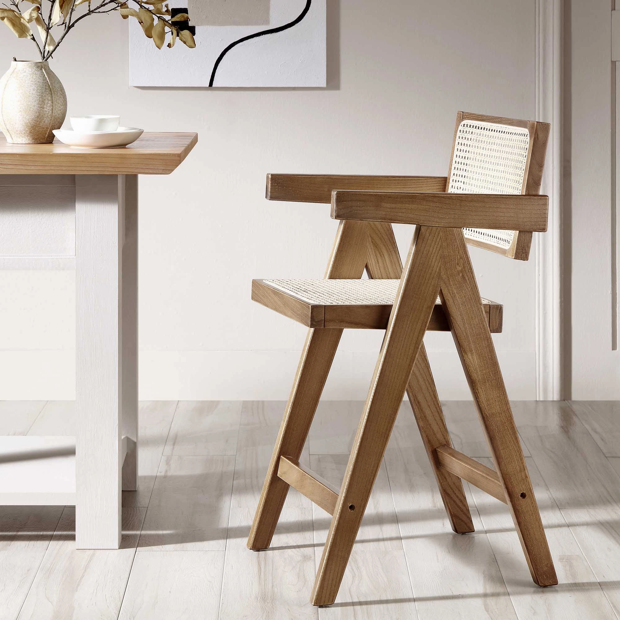 Jeanne Light Walnut Cane Rattan Solid Beech Wood Counter Stool