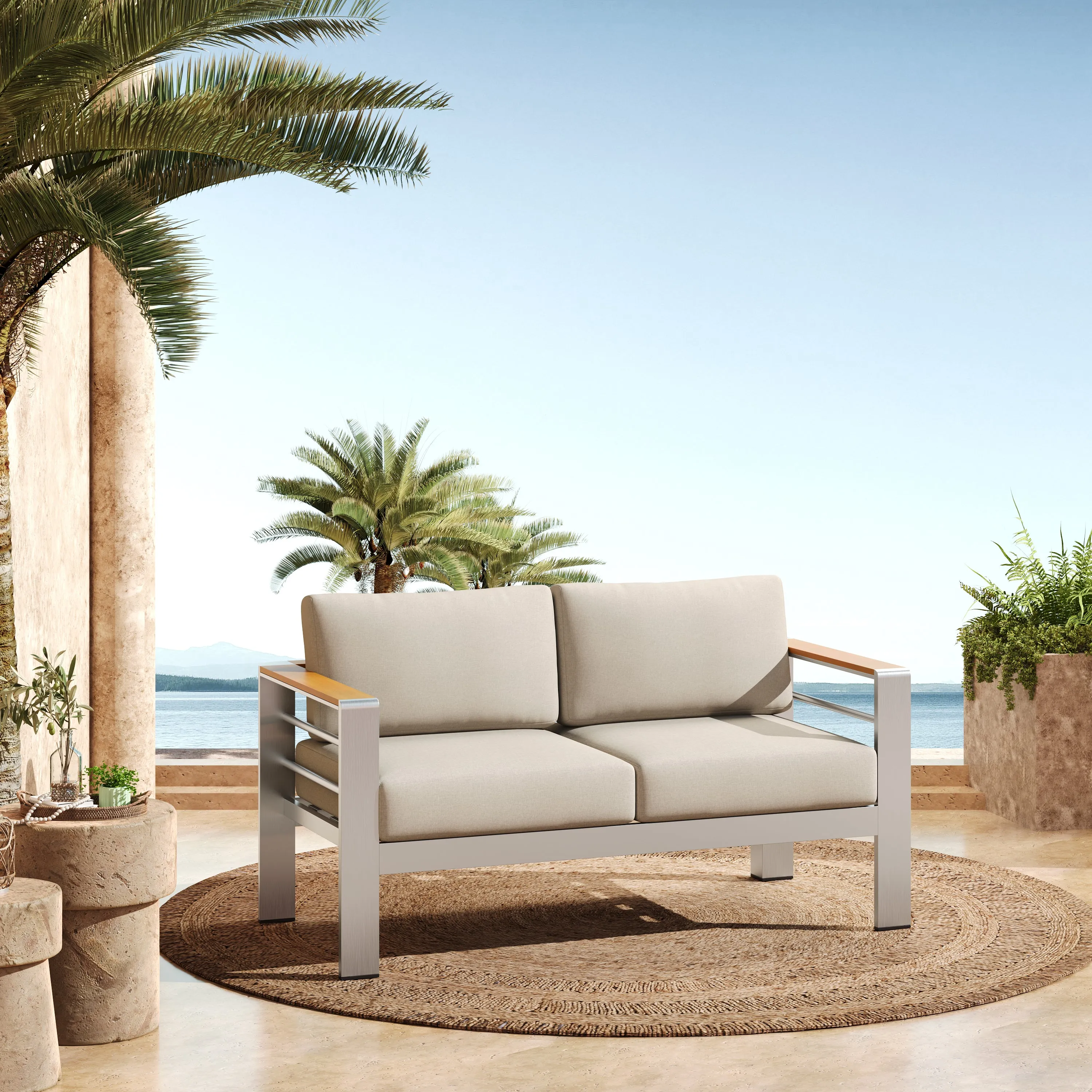 Jorsans Aluminum Outdoor Patio Loveseat with Beige Cushions