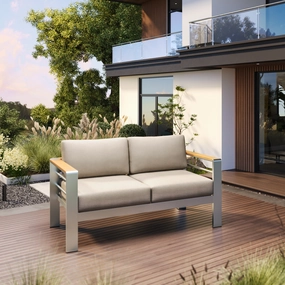 Jorsans Aluminum Outdoor Patio Loveseat with Beige Cushions stair tread rug, stair mat