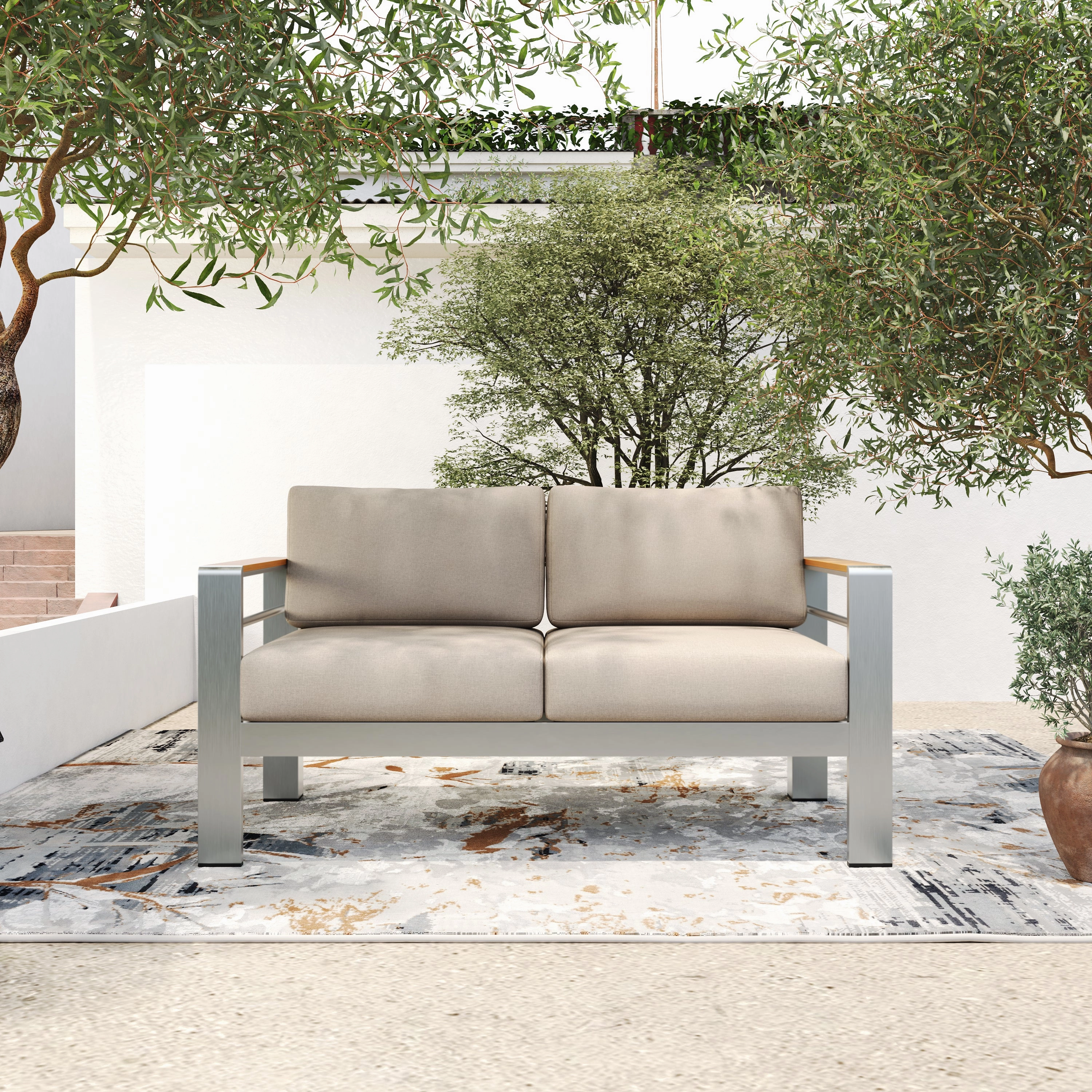 Jorsans Aluminum Outdoor Patio Loveseat with Beige Cushions